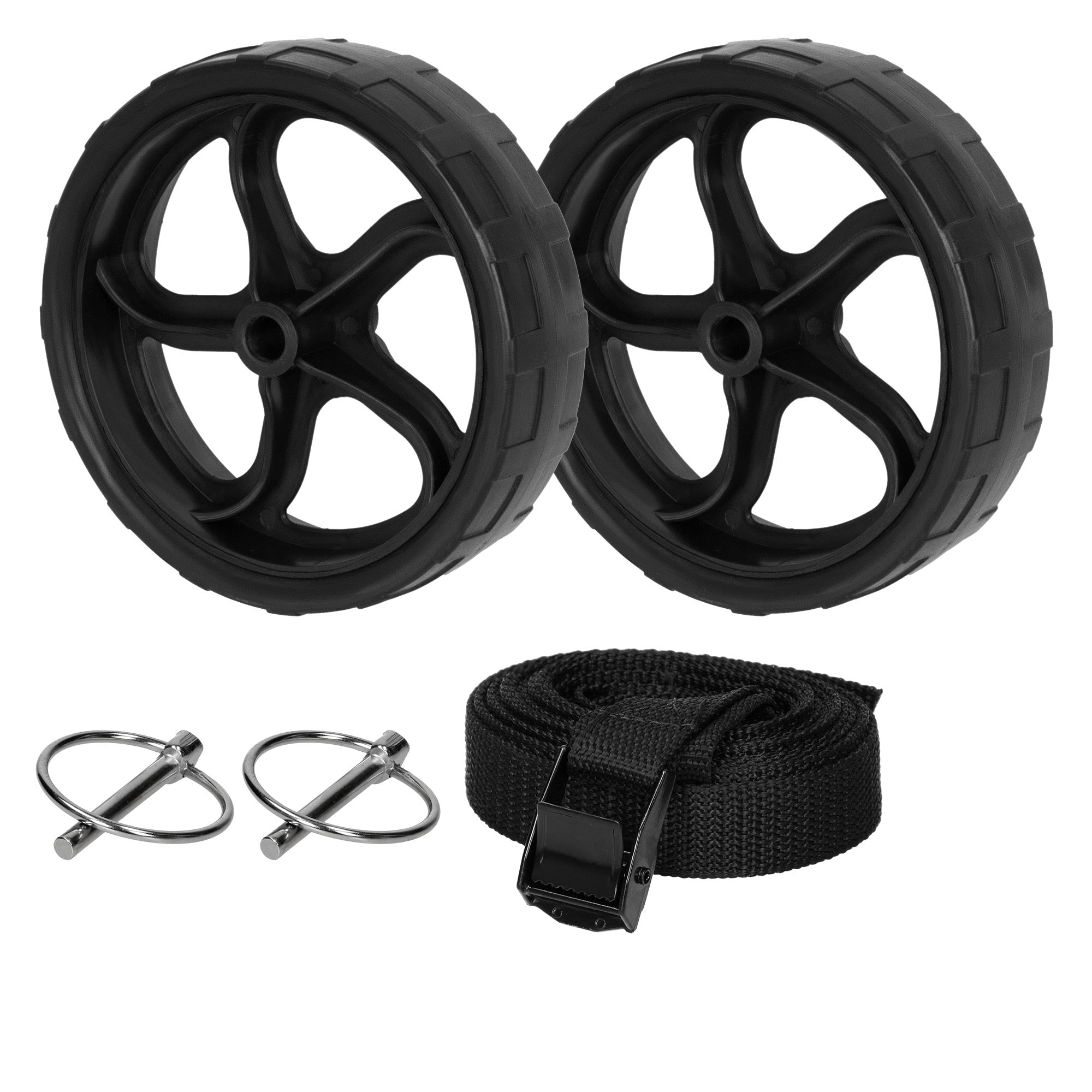 Two black wheels with five spokes and accessories.
