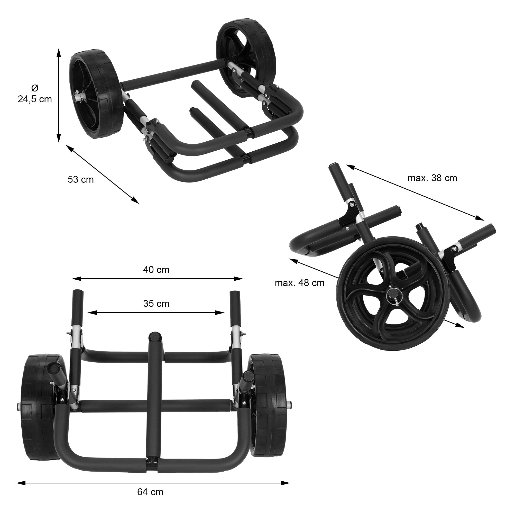 A foldable cart with two large wheels and dimensions in black.