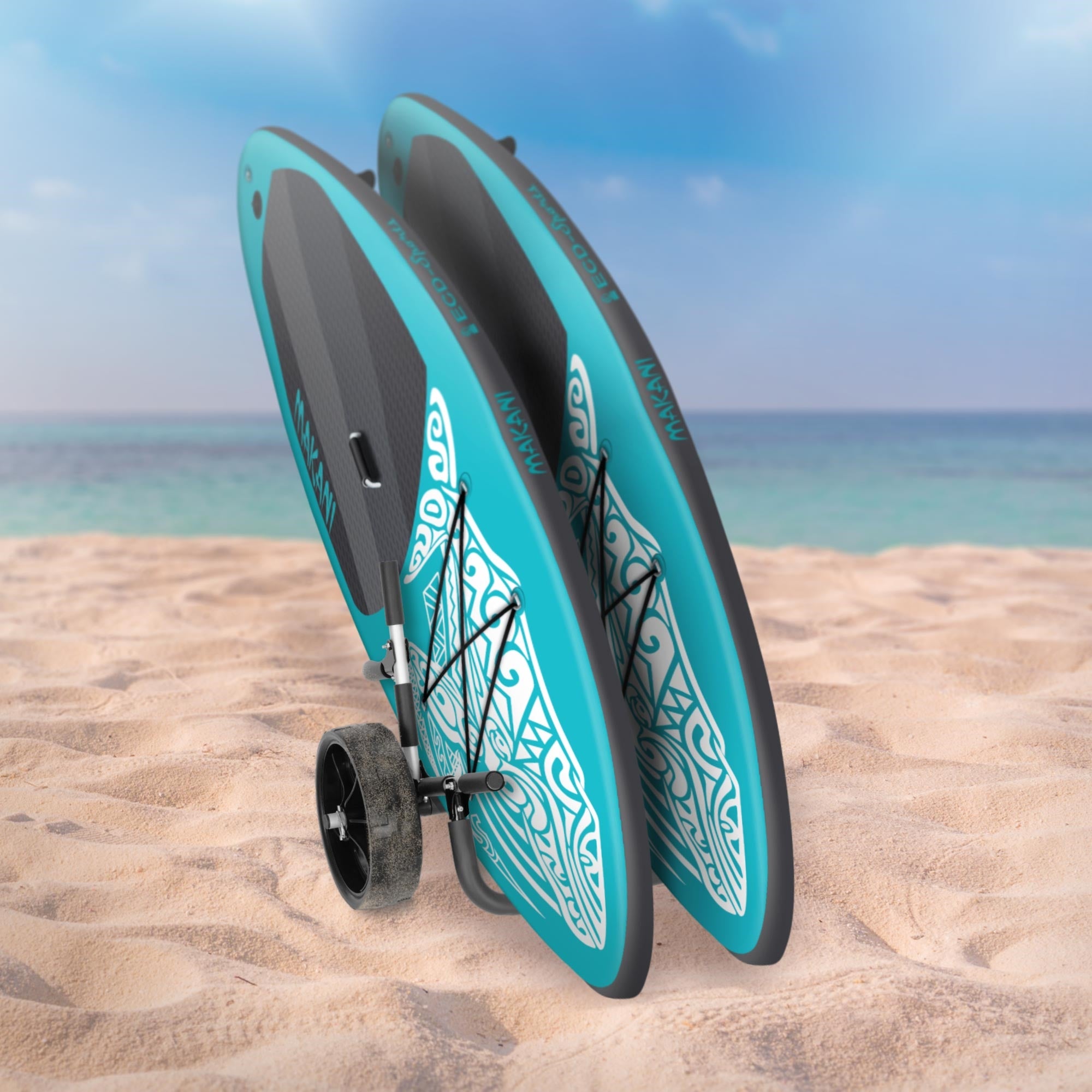 Two upright surfboards on the beach, with the sea in the background.