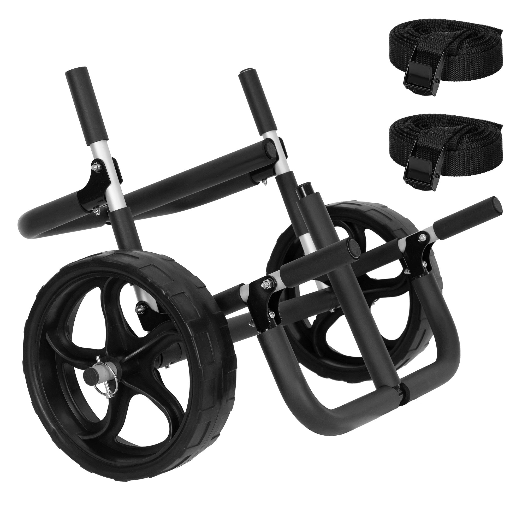 A black hand cart with large wheels and two straps.
