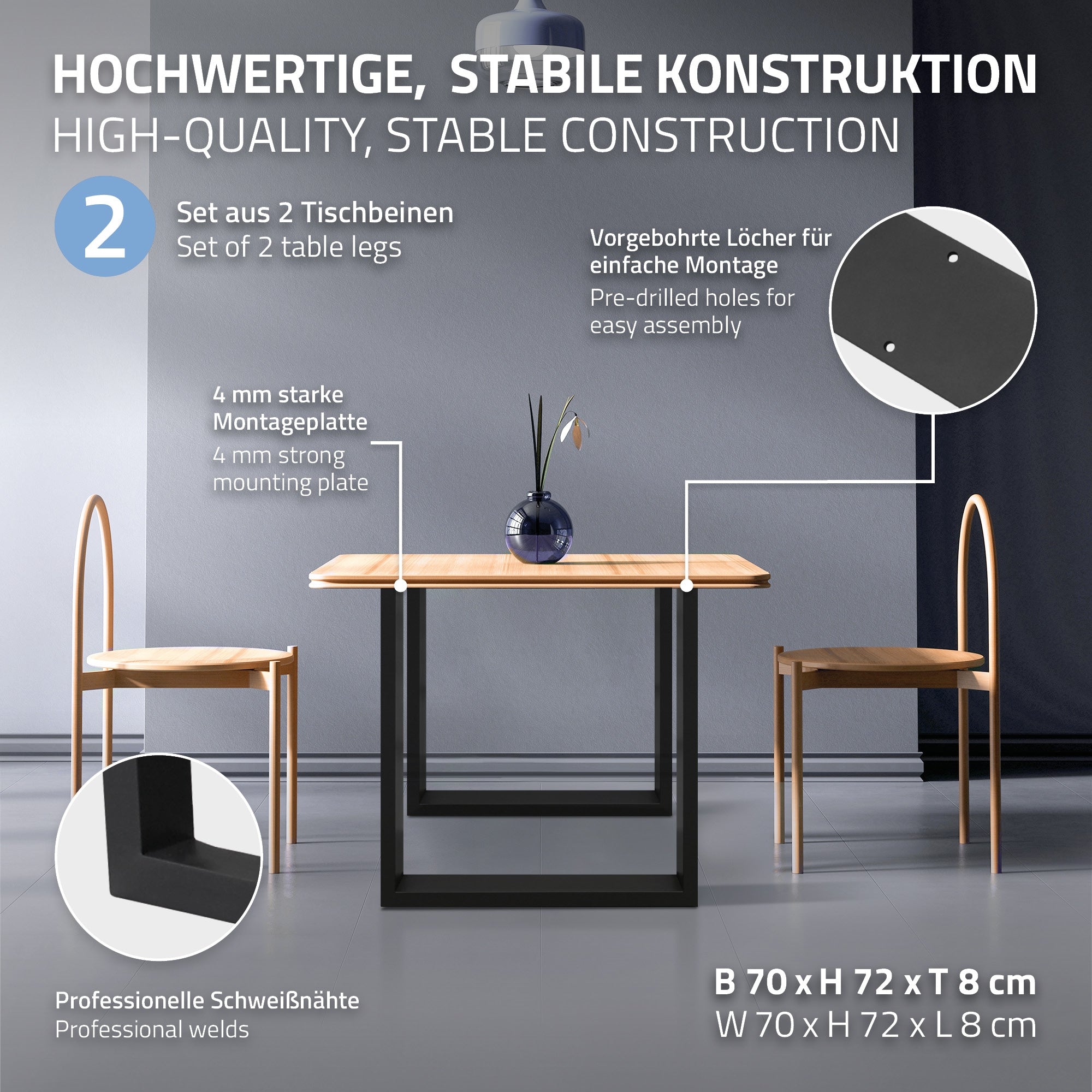 Table avec deux chaises, construction stable et mode d'emploi.