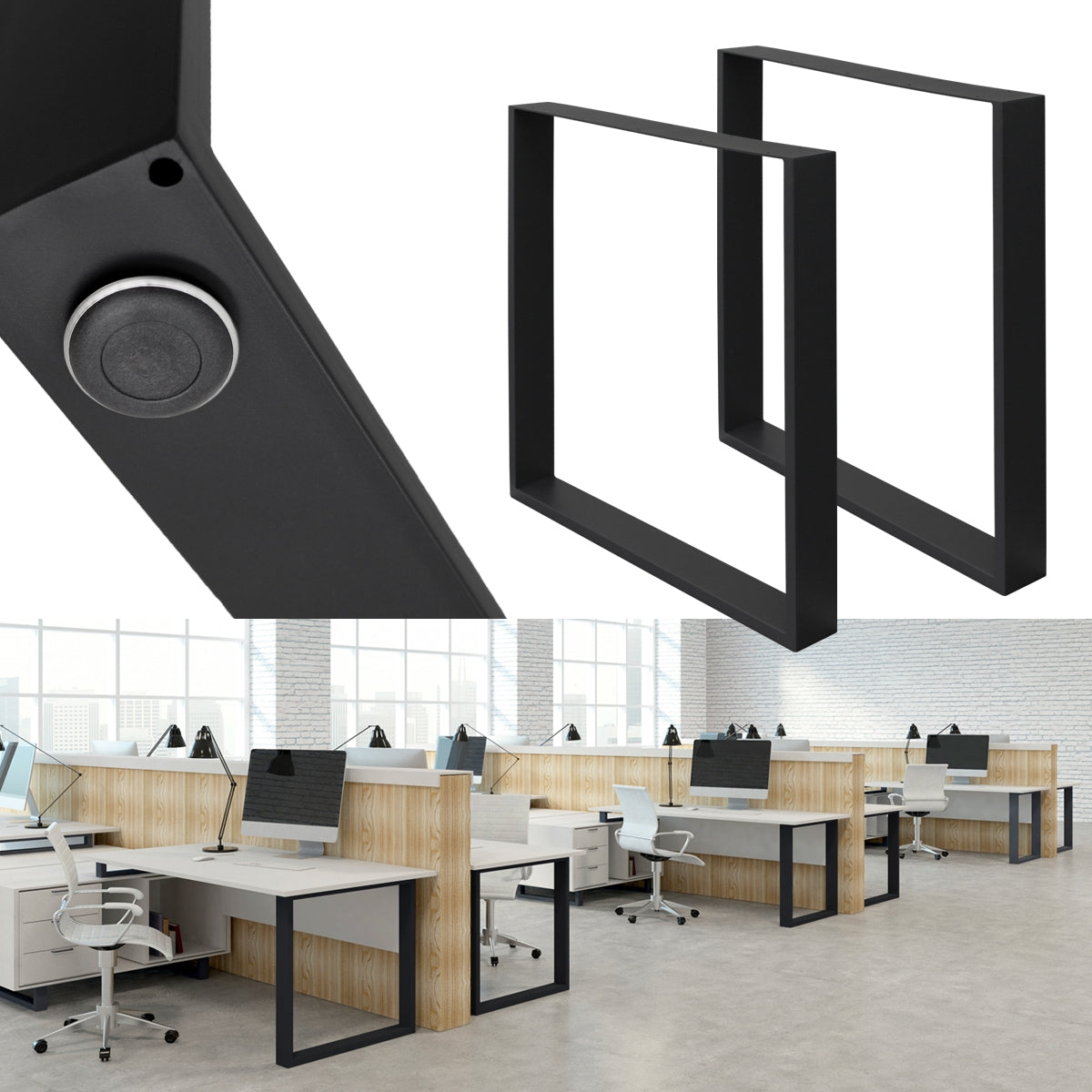 Mobilier de bureau moderne dans une pièce lumineuse avec plusieurs postes de travail.