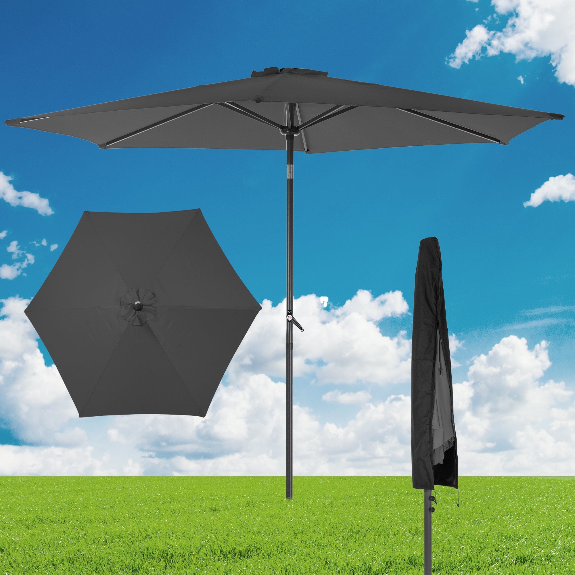 Parasol noir avec indications de dimensions, déplié et replié.