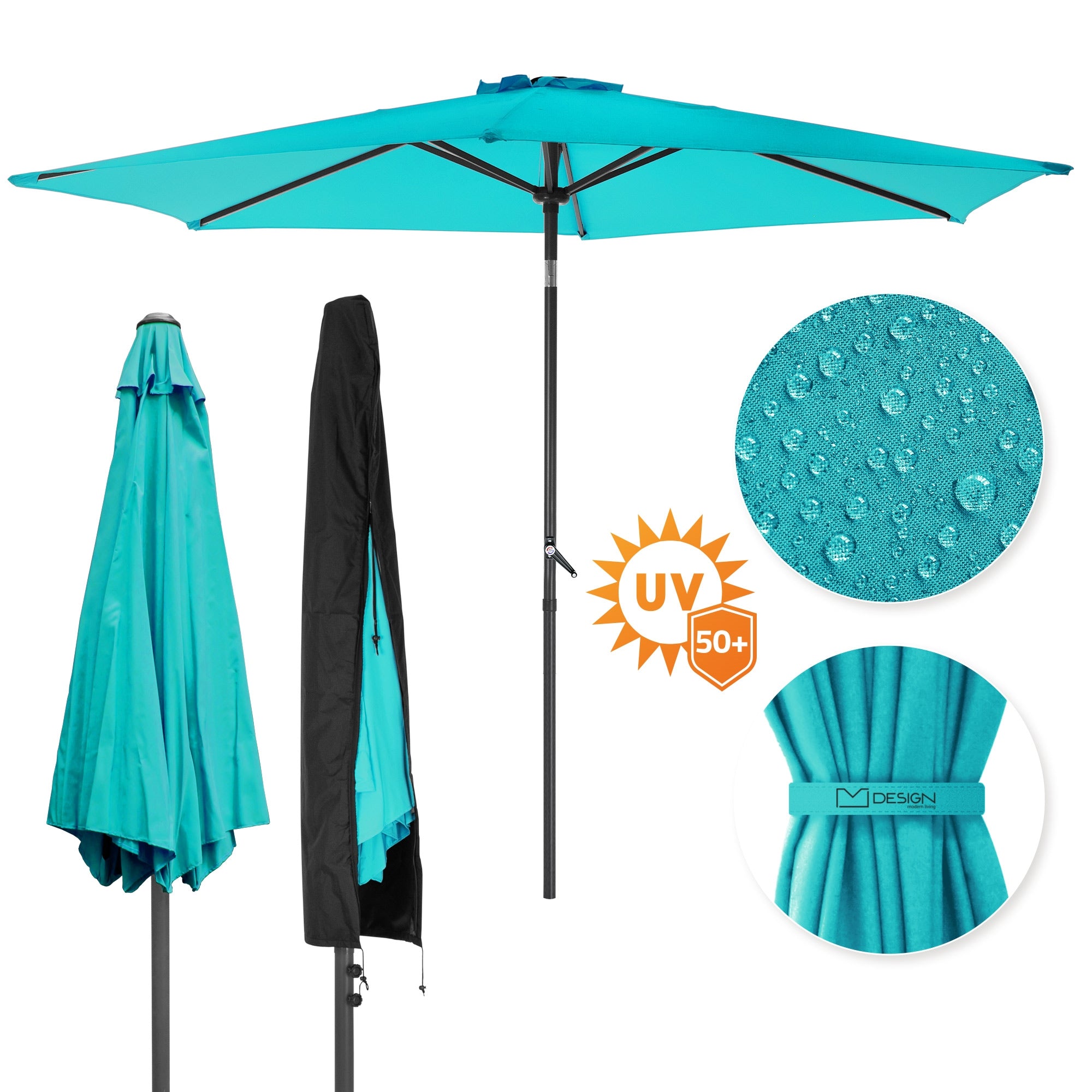 Turkis parasol med beskyttelseshætte og vandafvisende symbol.