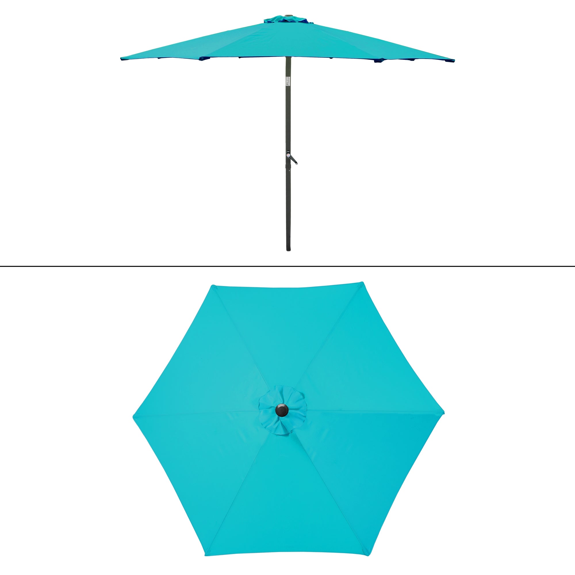 Turkis parasol med en central stang og en rund form.