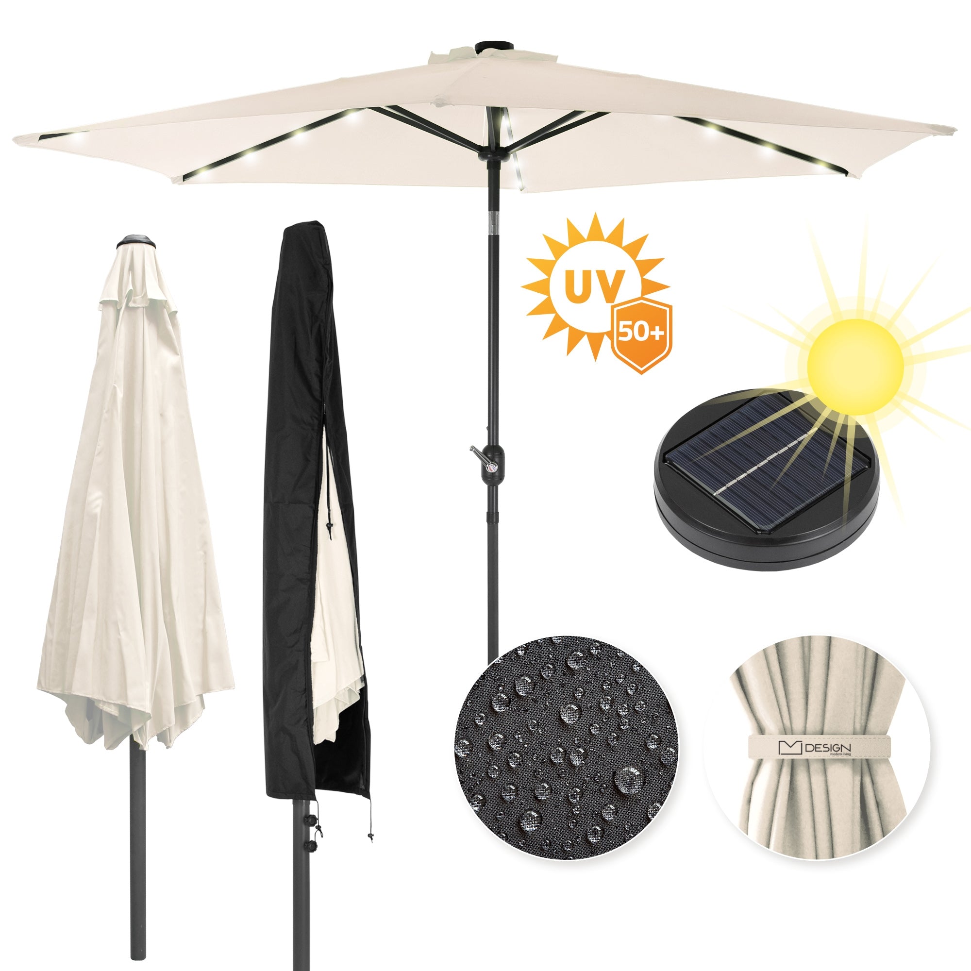 Sonnenschirm mit LED-Beleuchtung und UV-Schutz, beige, mit Wassertröpfchen auf dem Stoff.