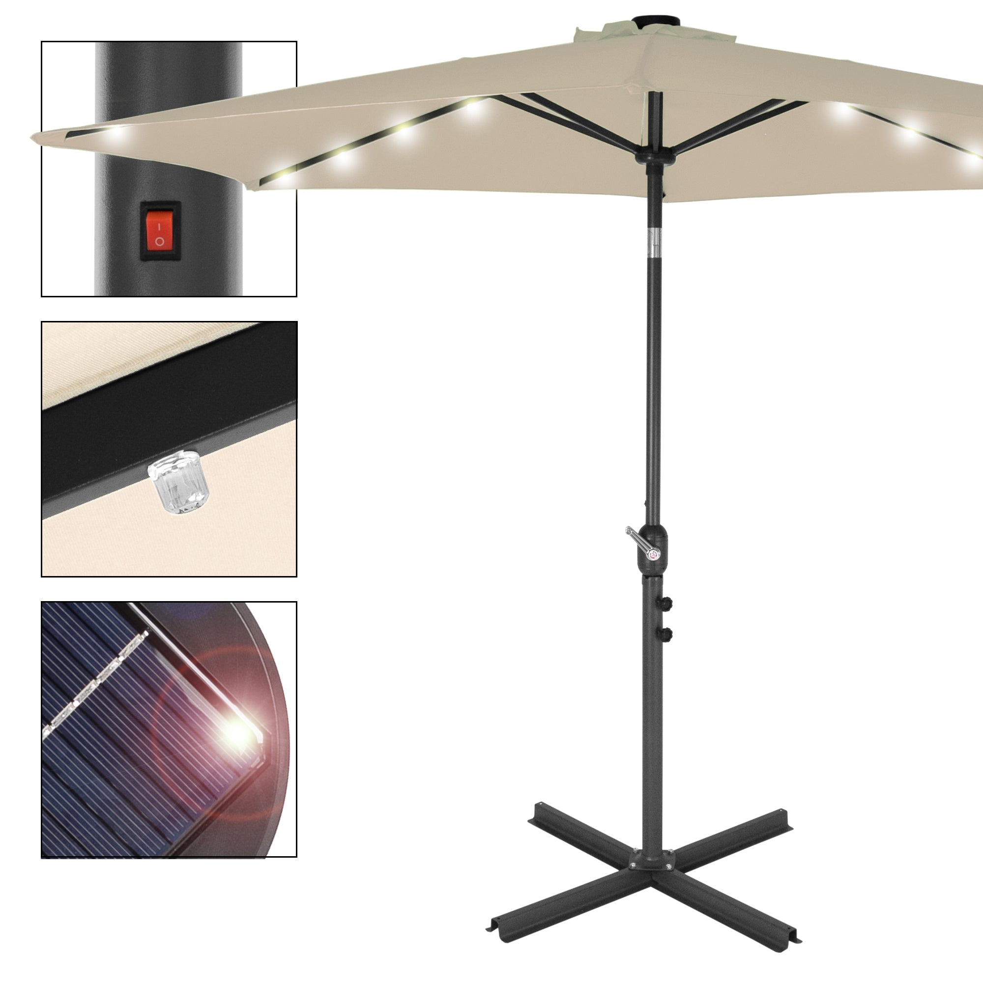 Beige Sonnenschirm mit LED-Beleuchtung, Schalter und Solarzelle.