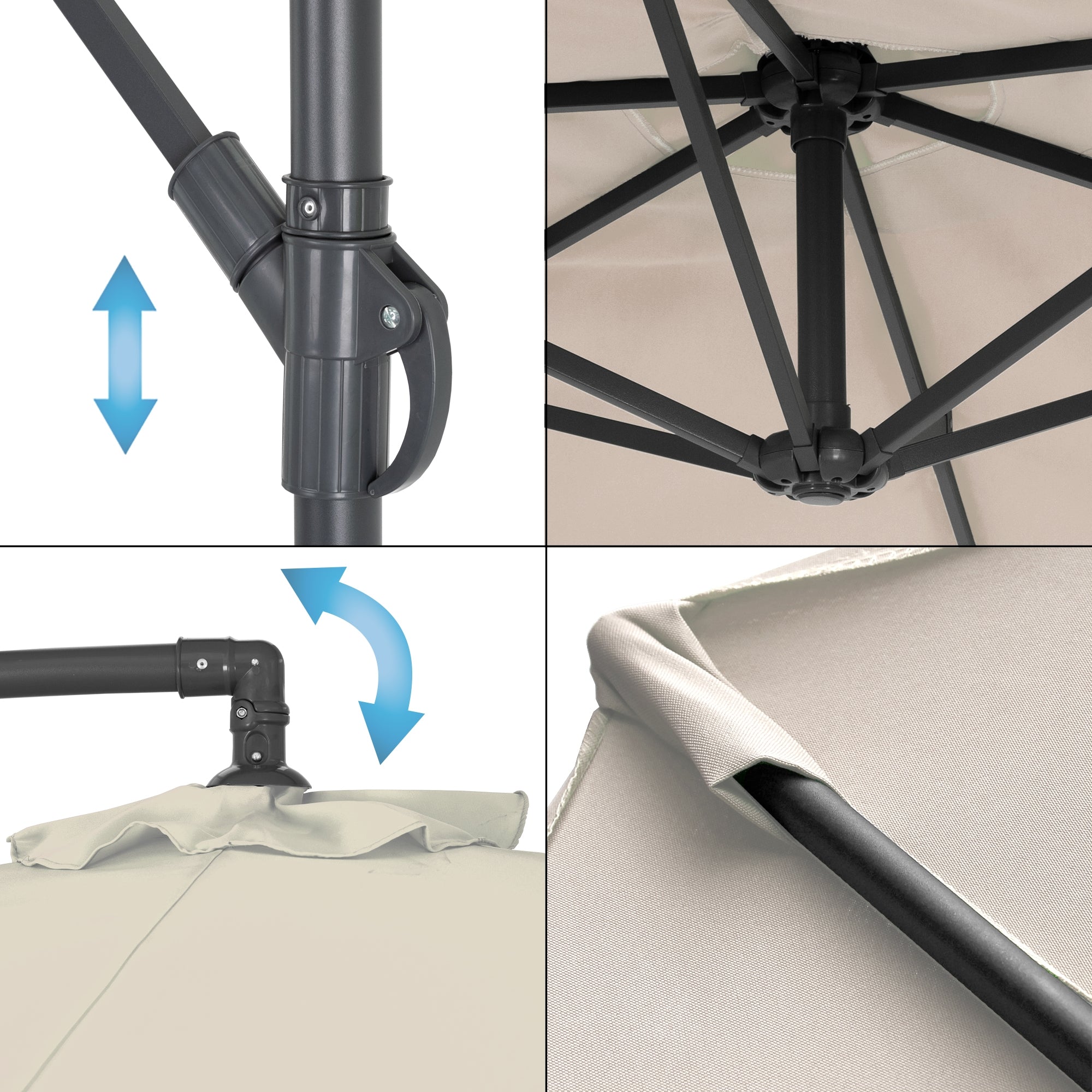 Detailansicht der Mechanik eines Sonnenschirms mit Gelenken und Stoff.
