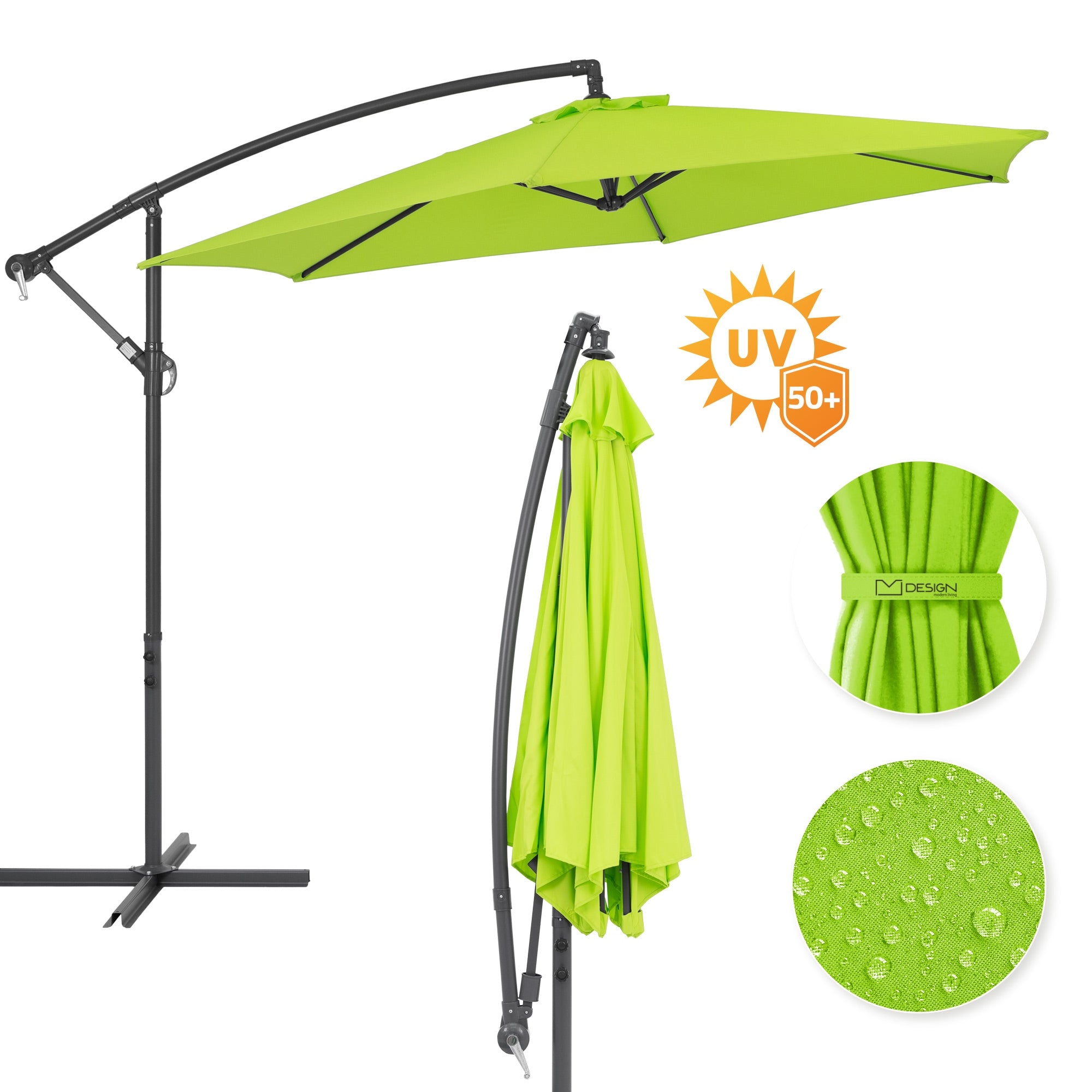 Grüner Sonnenschirm mit UV-Schutz, auf einem Gestell montiert, mit zusammengebundenem Bezug.