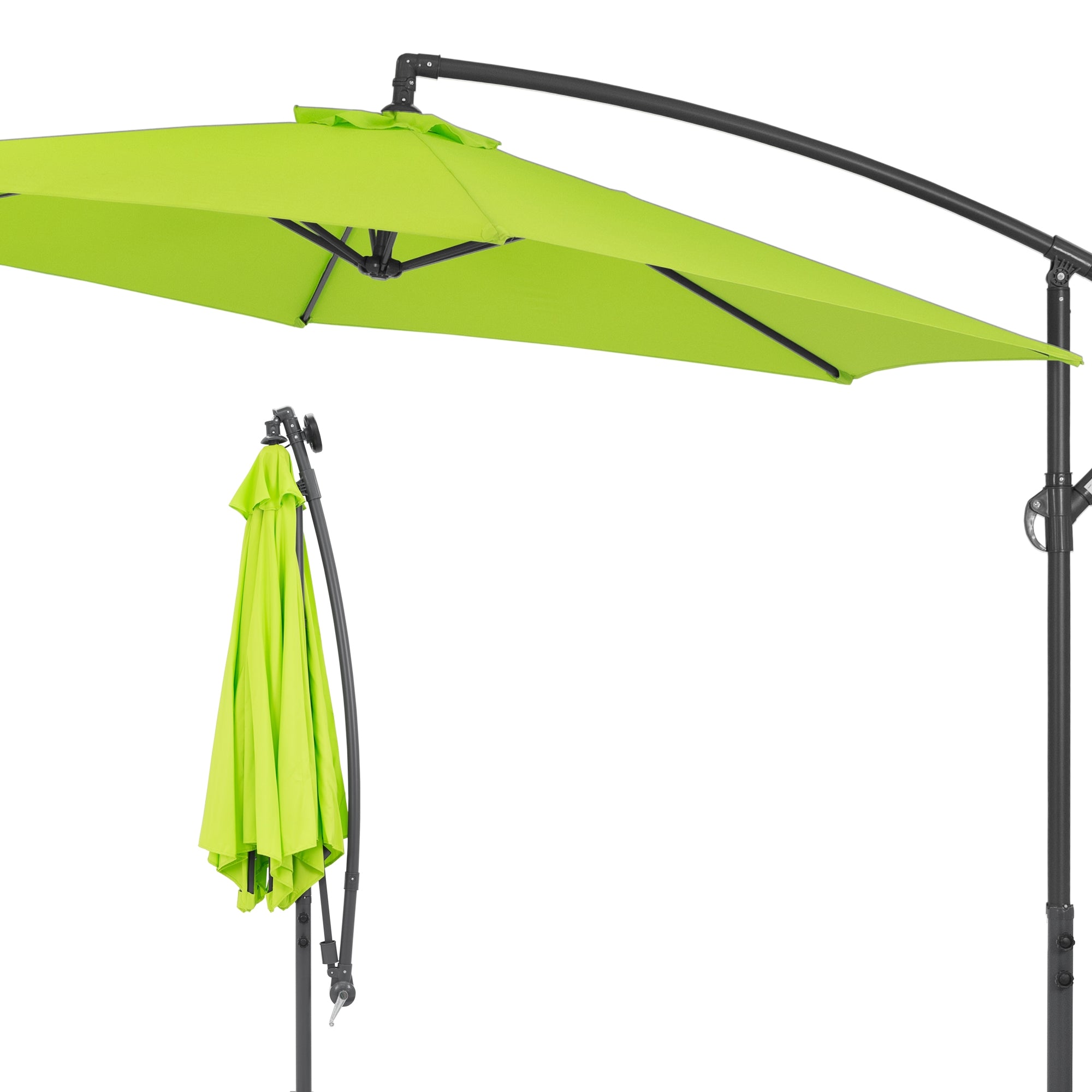 Una sombrilla verde con funda de protección, sobre un soporte estable.