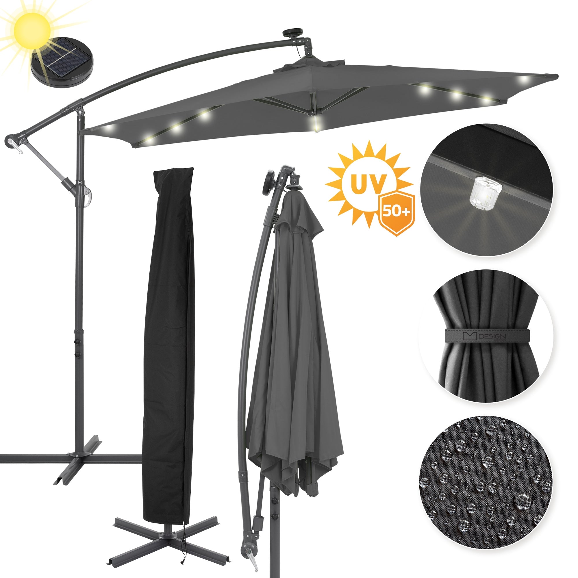Ein Sonnenschirm mit UV-Schutz und Schutzhülle, auf einem stabilen Gestell.