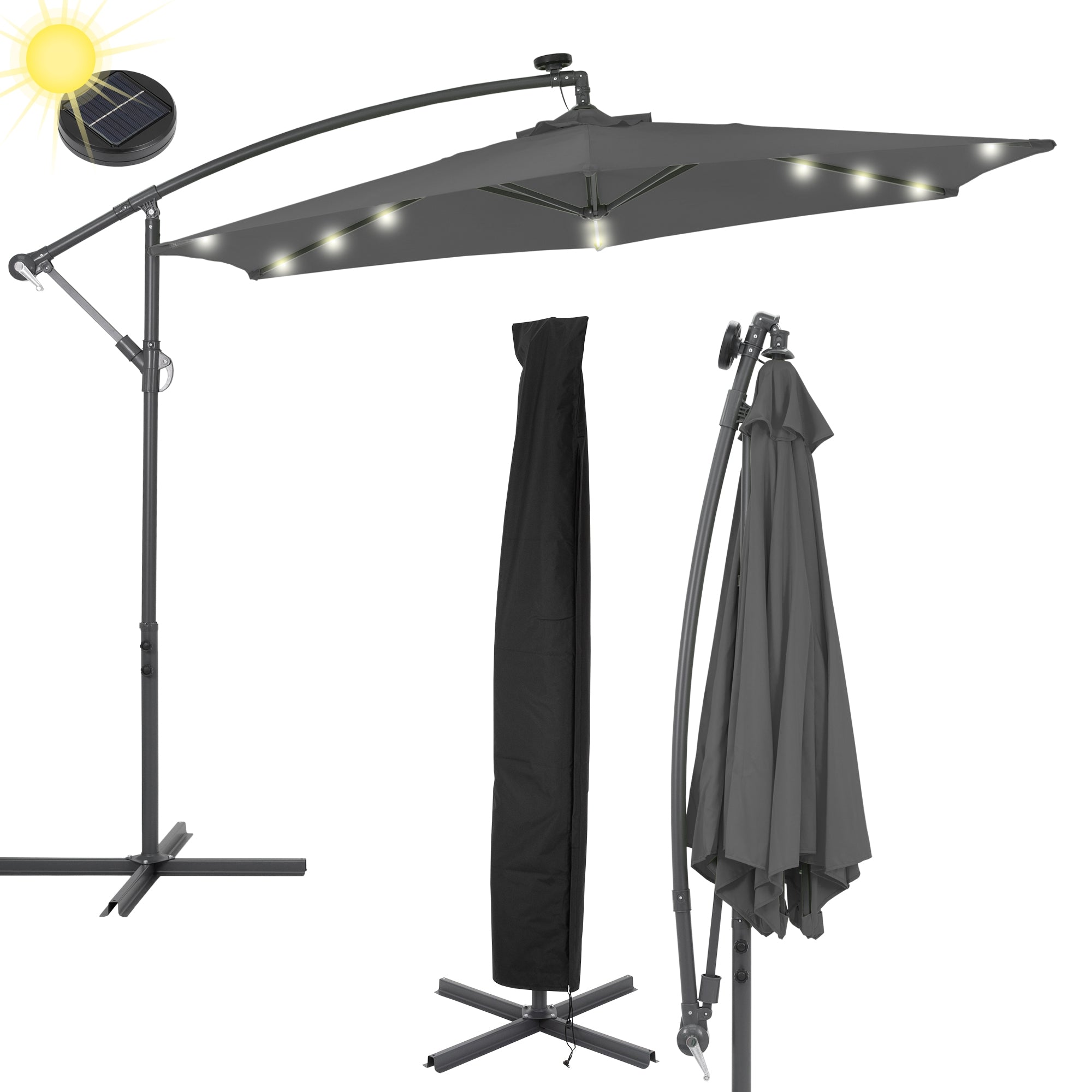 Sonnenschirm in Grau mit LED-Beleuchtung und Schutzhülle.