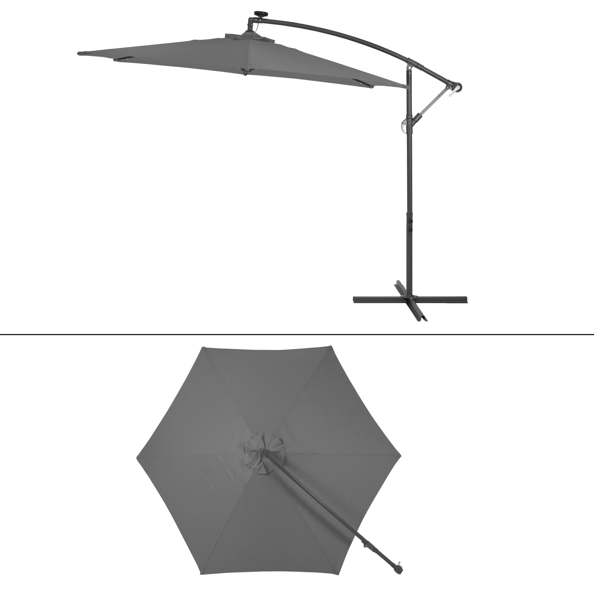 Sonnenschirm in aufgespannter und geschlossener Position.