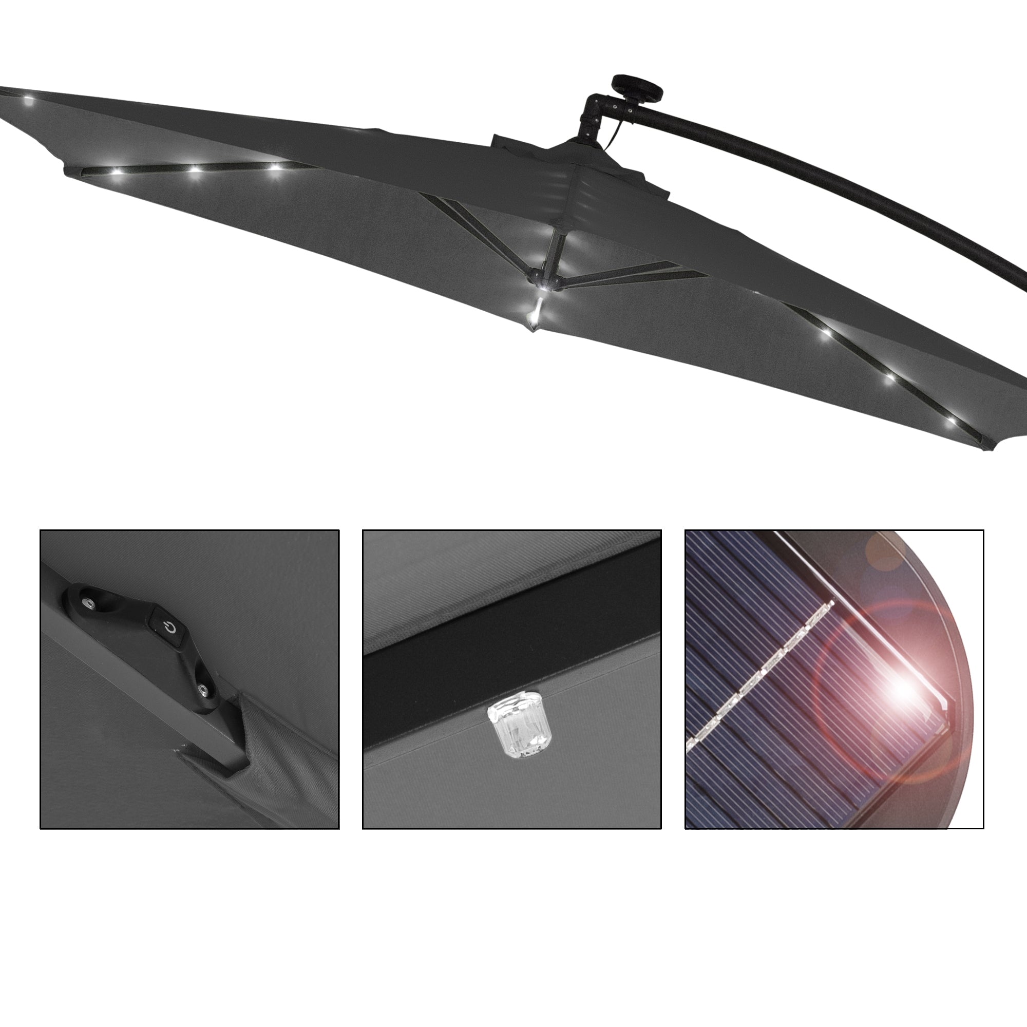Sonnenschirm mit LED-Beleuchtung, Ansicht von oben und Details der Halterung.