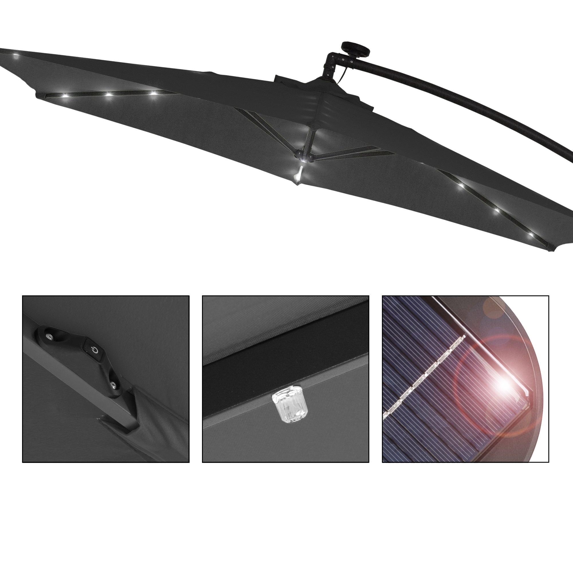 Close-up view of a parasol with LED lighting and solar cell.