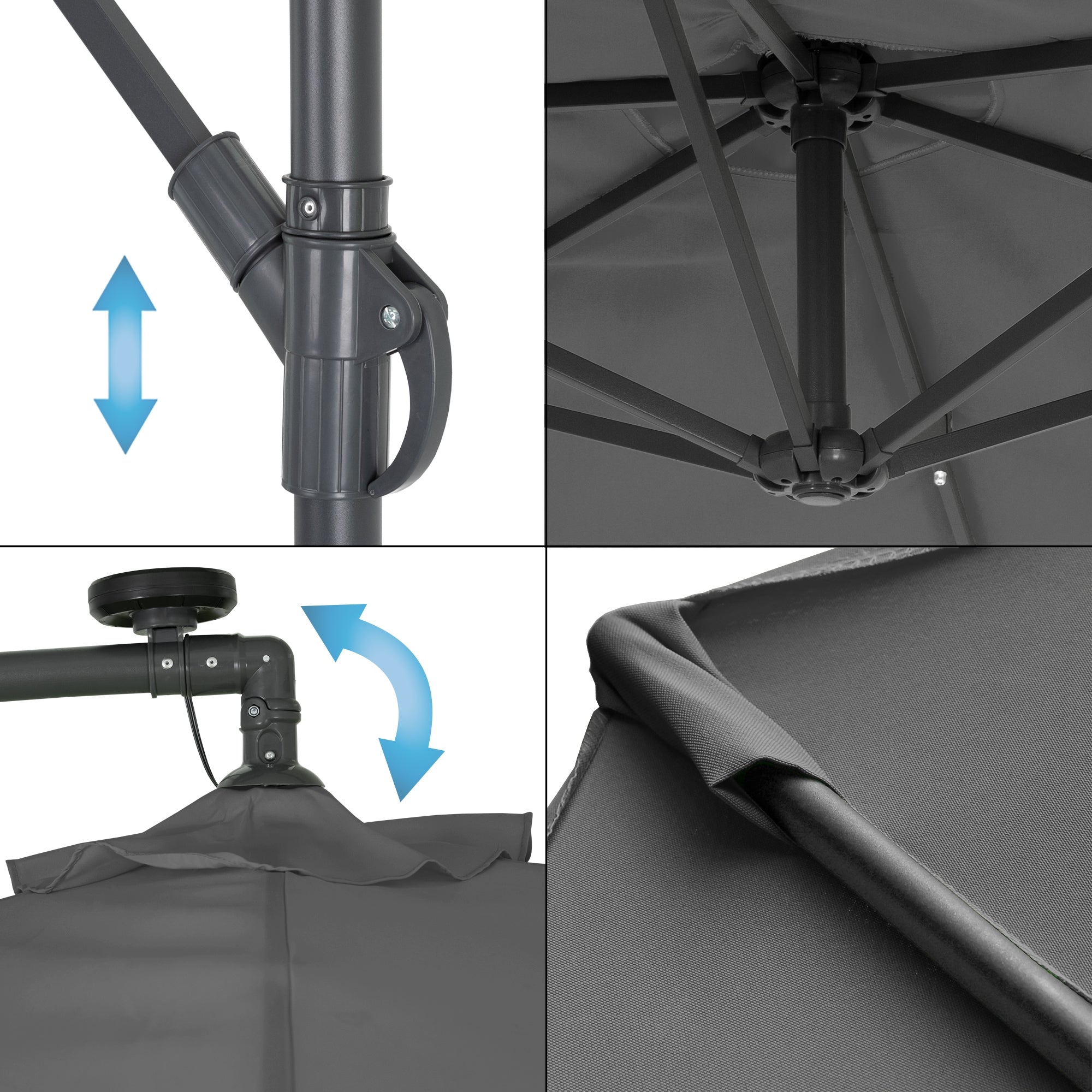 Detailaufnahme des Sonnenschirms mit Verstellmechanismus und Stoffdetails.