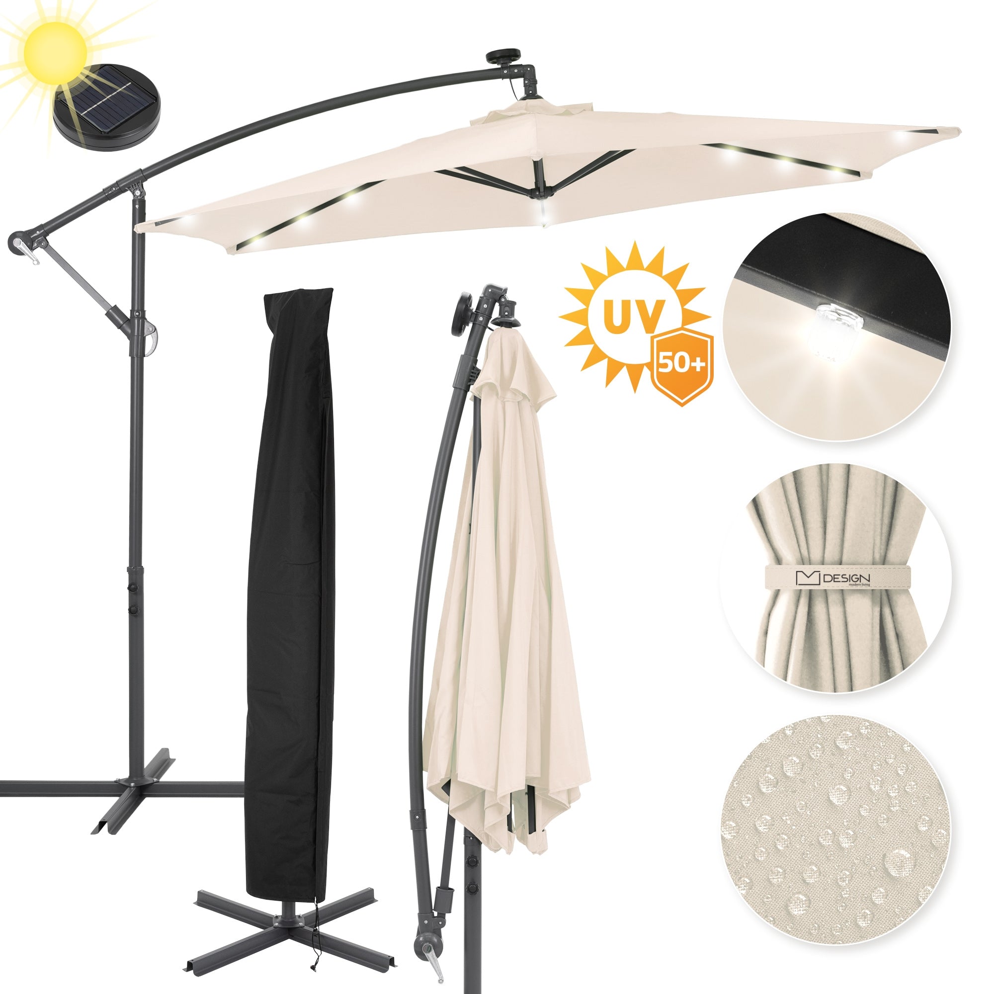 Sonnenschirm mit LED-Beleuchtung, UV-Schutz, und wasserabweisendem Stoff.