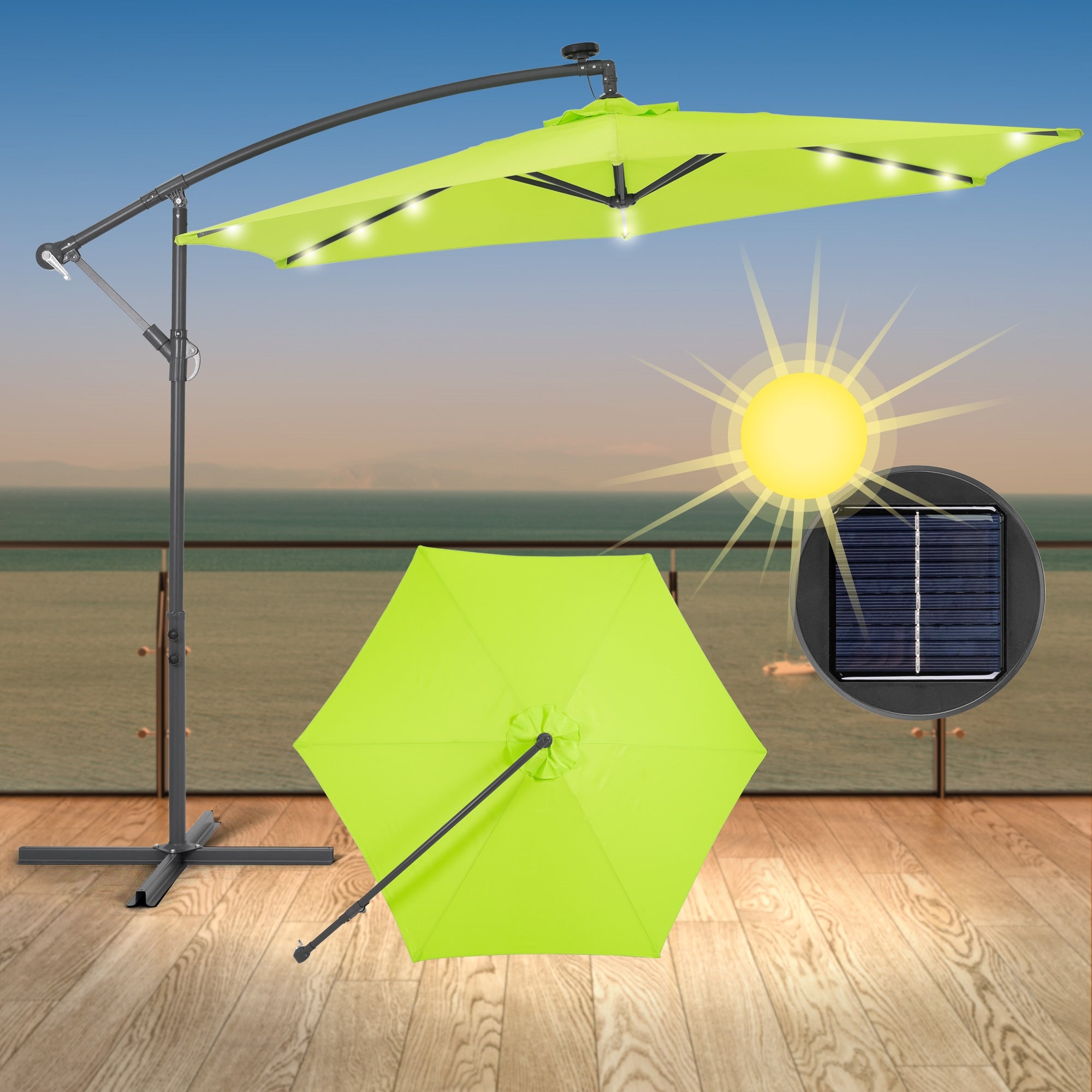 Grøn parasol med LED-belysning på en terrasse.