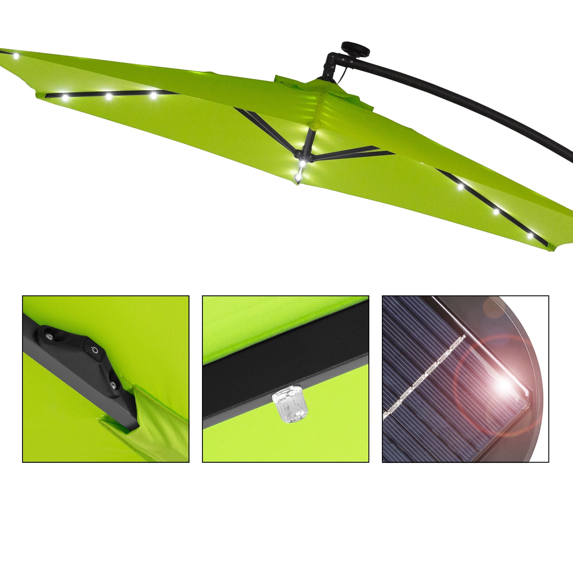 Detaljevisning af den grønne parasol med LED og solpanel.