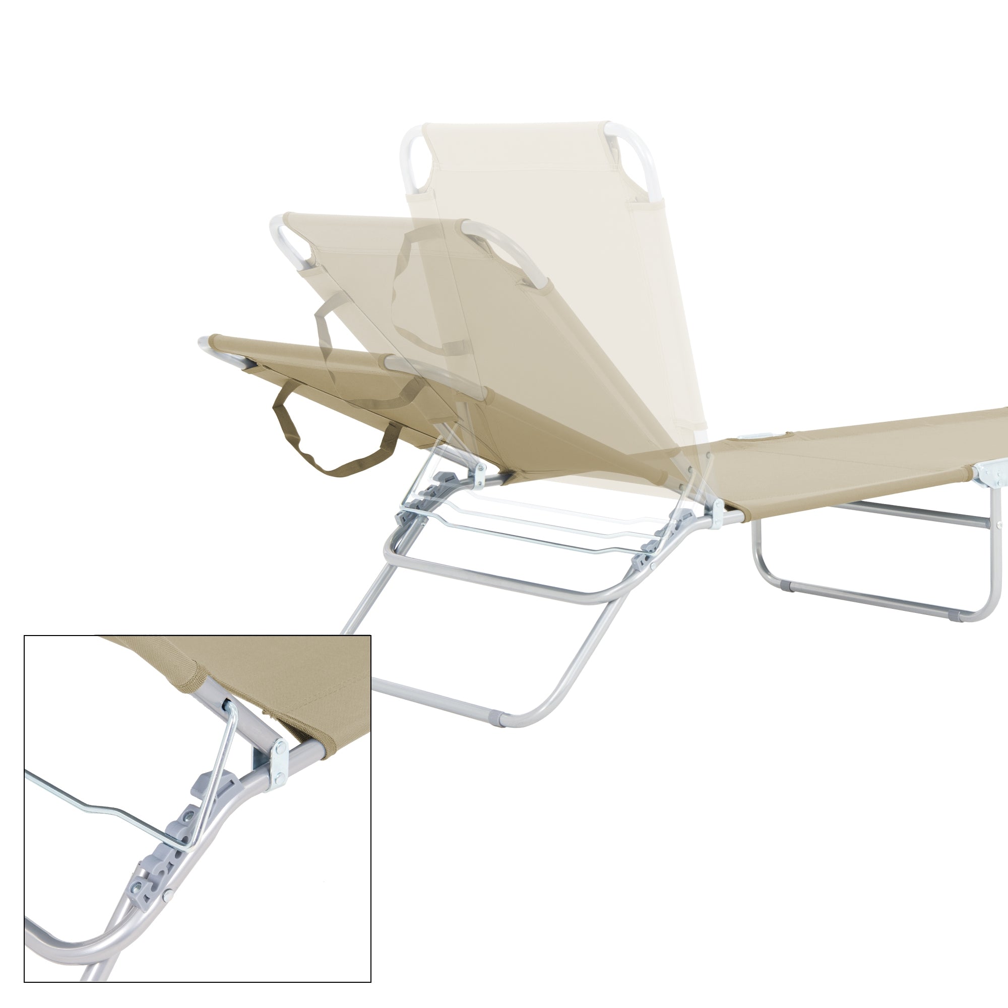 Lettino con area schienale regolabile in beige e struttura argentata.
