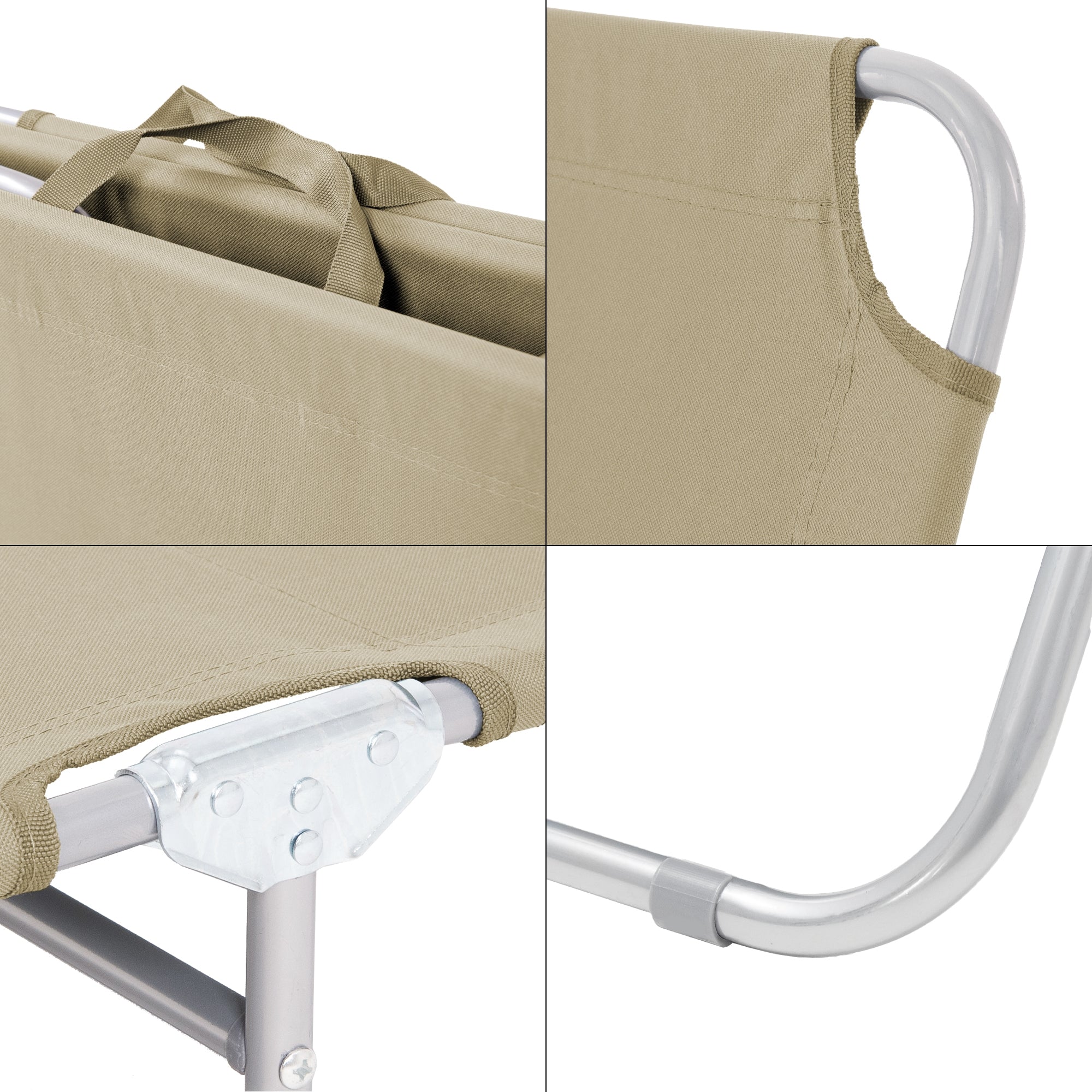 Dettaglio di una sedia a sdraio pieghevole con telaio in alluminio e tessuto beige.
