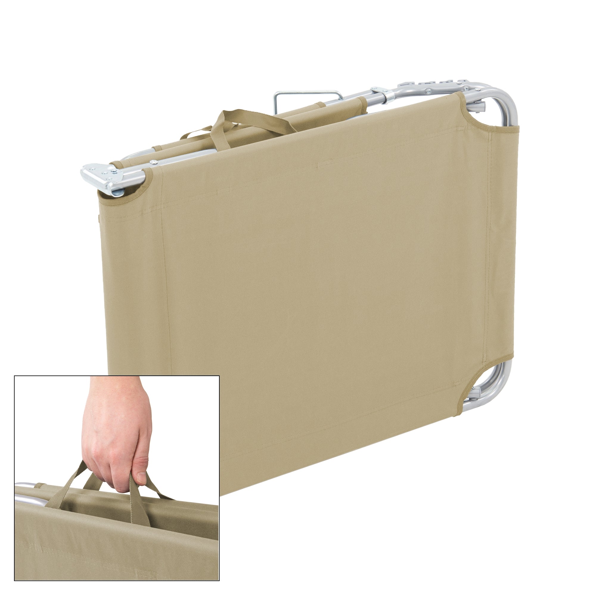 Lettino pieghevole con maniglie di trasporto in beige.