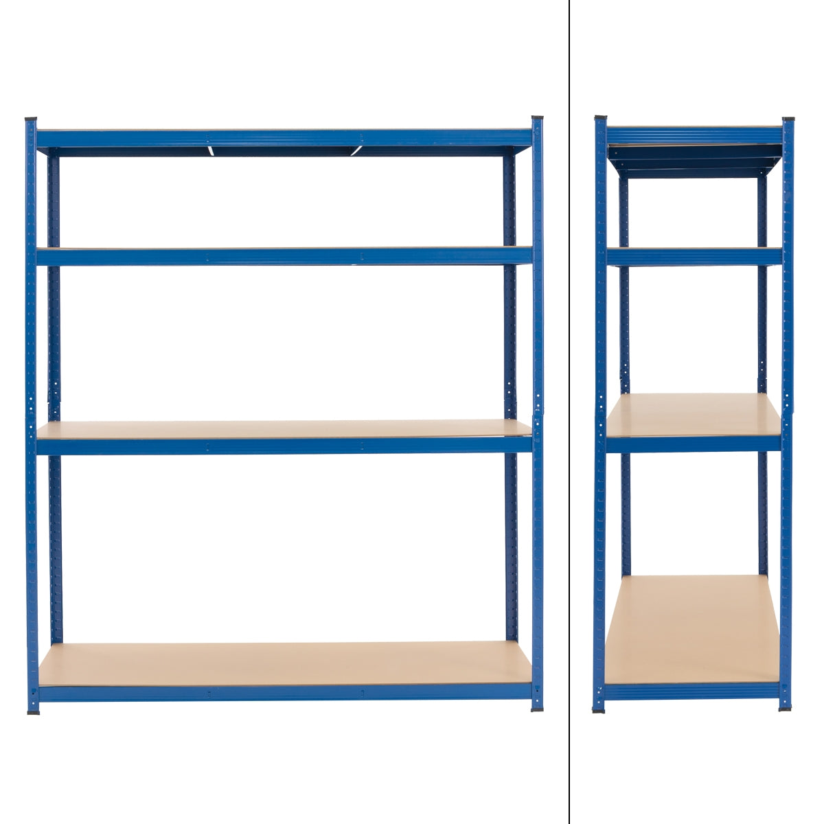 Estante azul con varias estanterías y superficie de madera.
