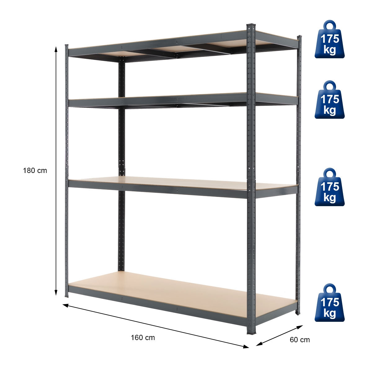 Scaffale con quattro ripiani, massimo 175 kg per ripiano.