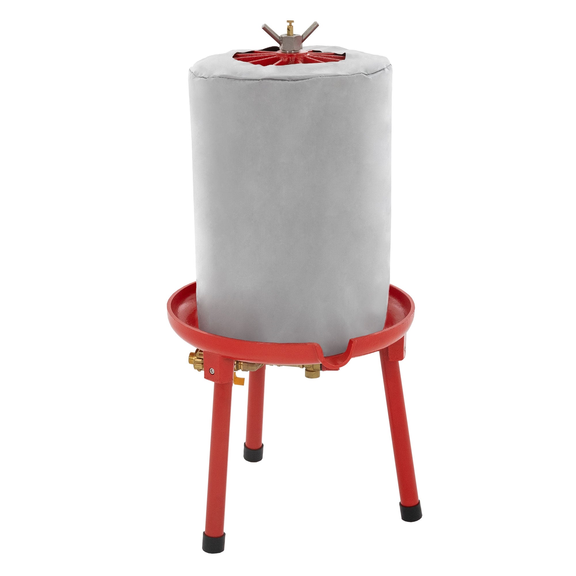 Een grijze, cilindrische container op een rood frame.