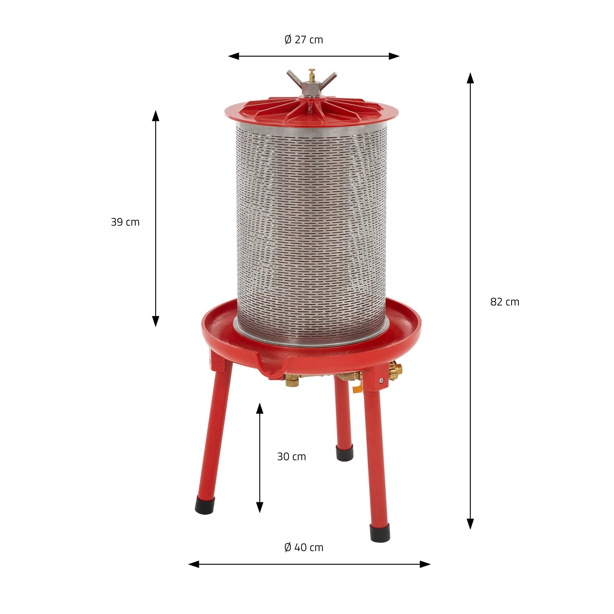 Een rode waterfilter met een cilindrische metalen container en steunpoten.
