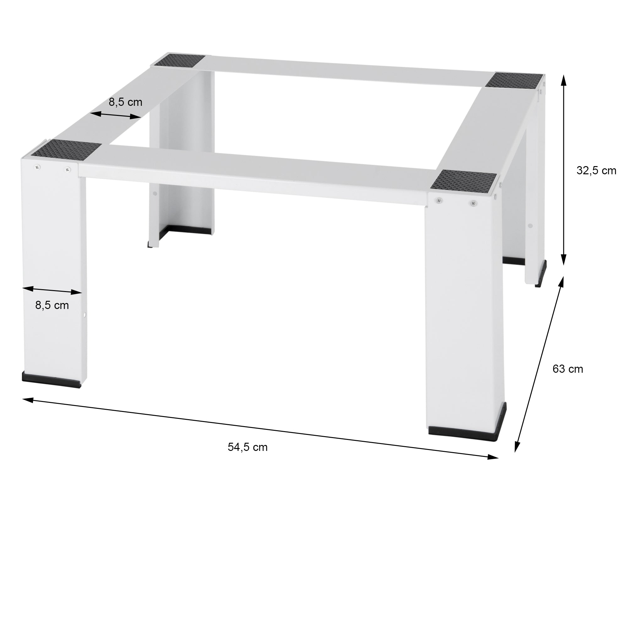 Weißer Tisch mit quadratischer Tischplatte und vier Beinen, Maße angegeben.