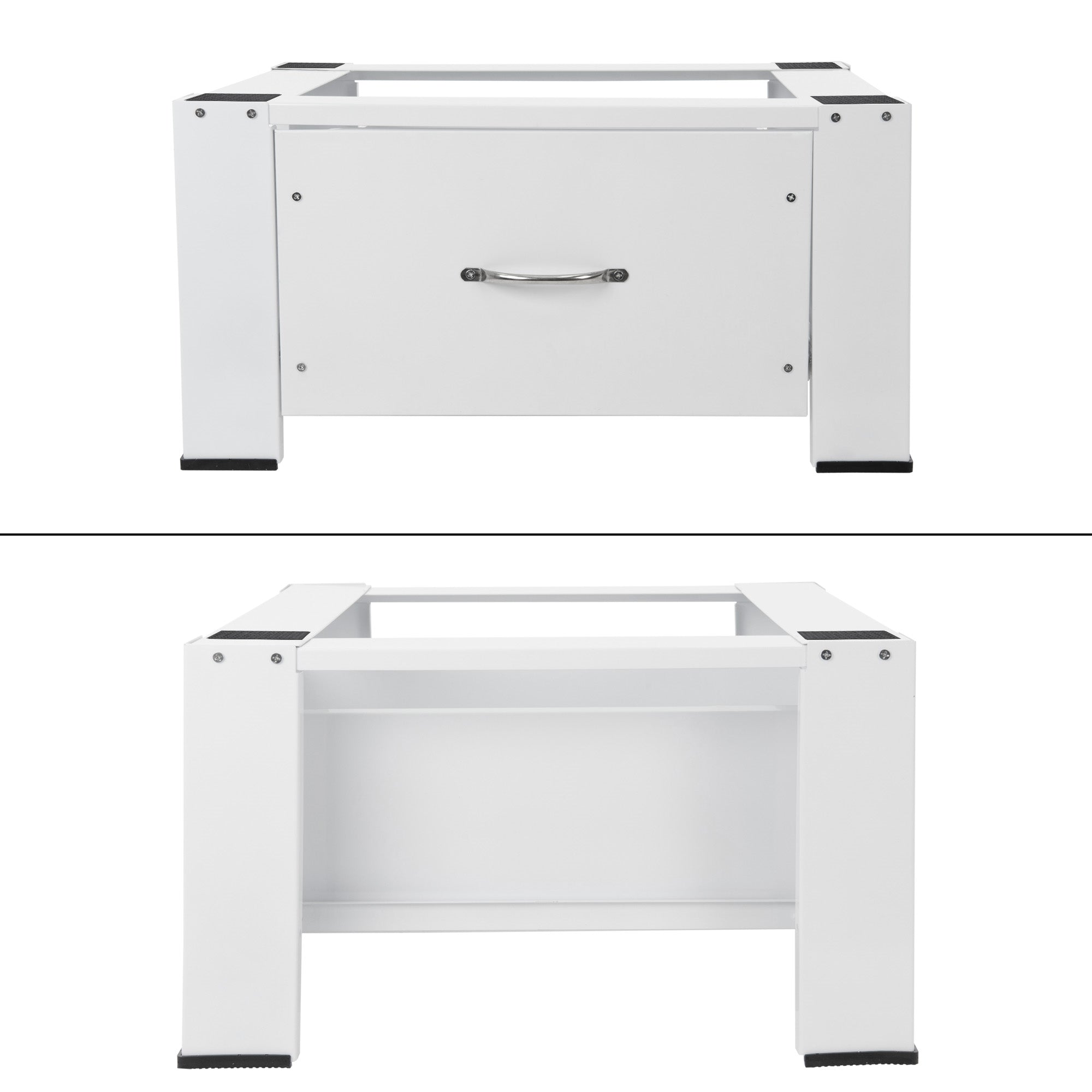 Mesa blanca con cajón y dos estantes.