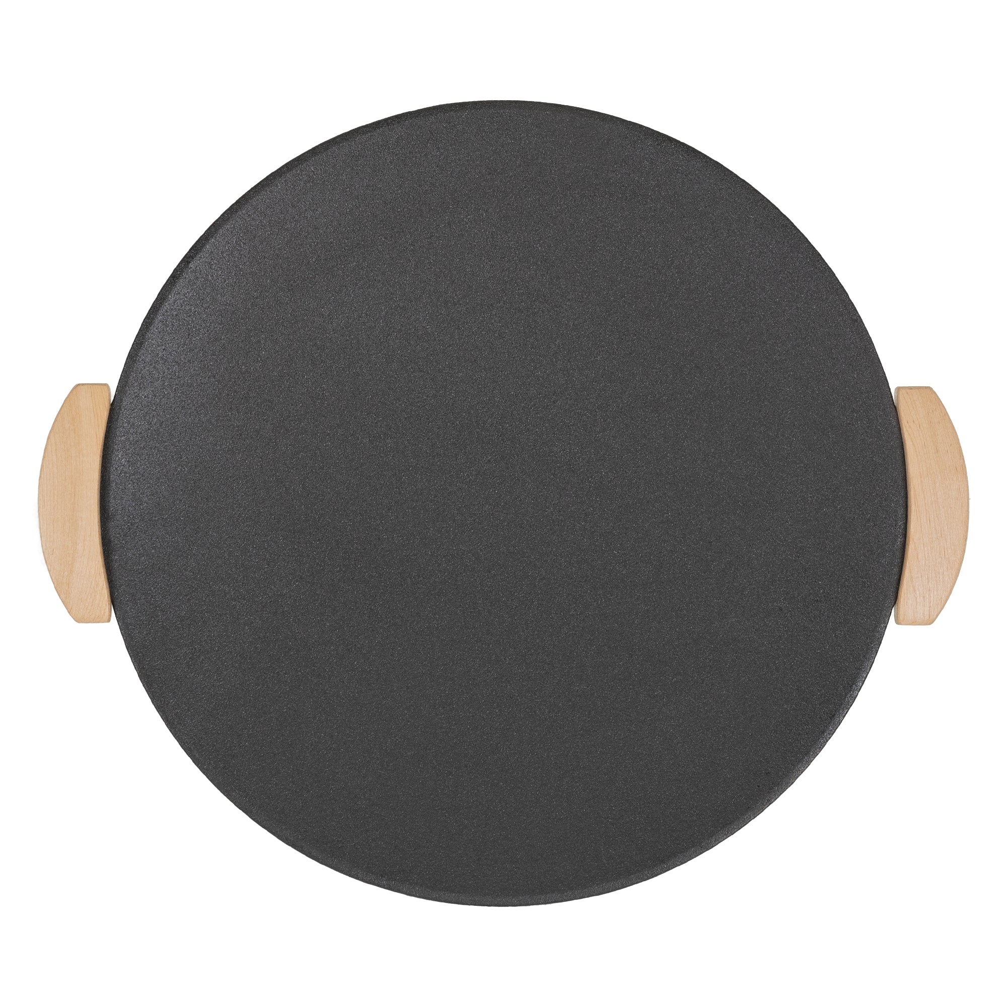Table ronde noire avec deux poignées en bois.