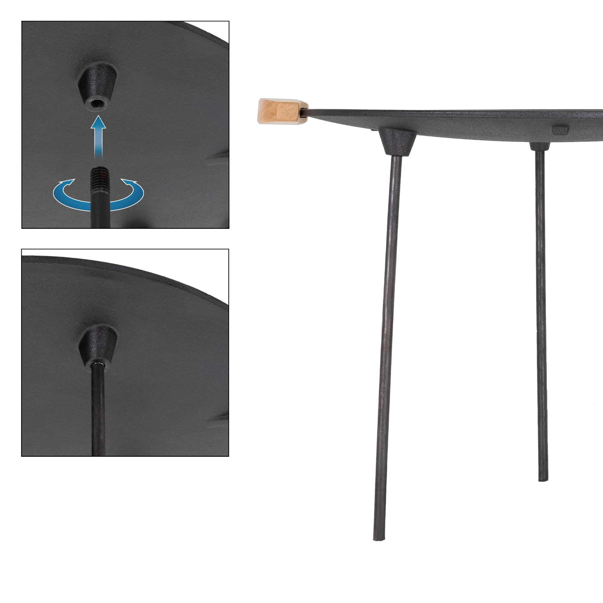 Table ronde avec trois pieds et poignée en bois, vue en détail.