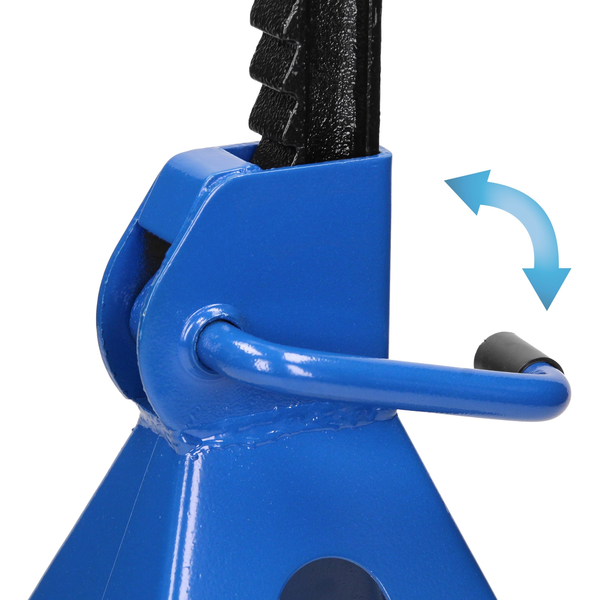 Ein blauer Wagenheber mit einem Hebel zum Anheben von Fahrzeugen.