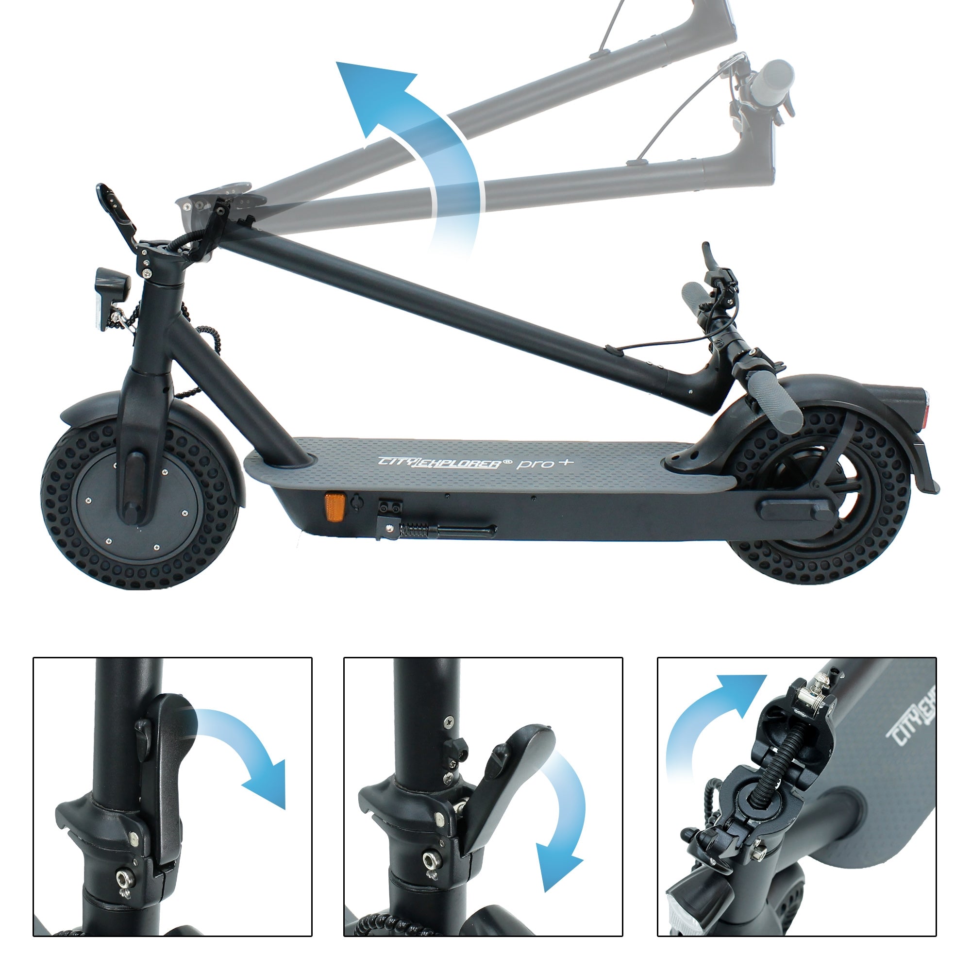 En sammenklappelig elektrisk scooter i sort med en foldemekanisme.