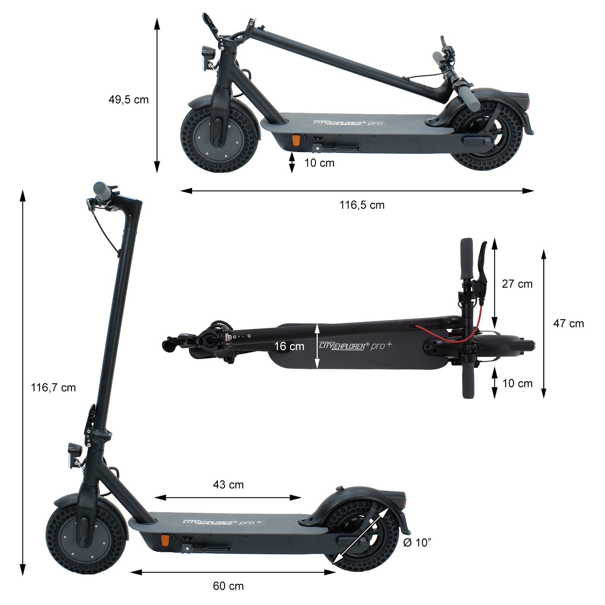 Teknisk tegning af en E-scooter med mål.