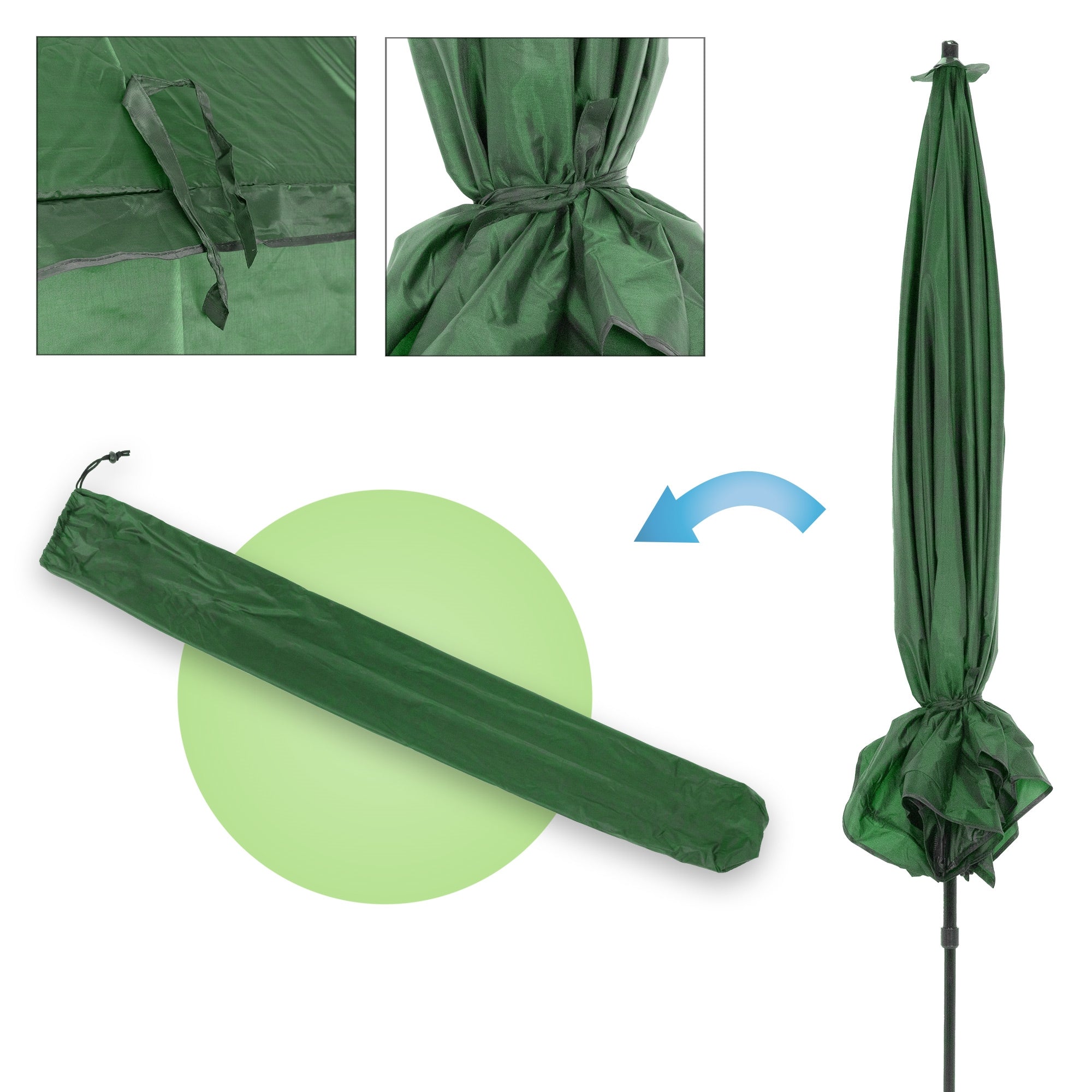 Grüner Sonnenschirm in zusammengeklappter und ausgeklappter Form.