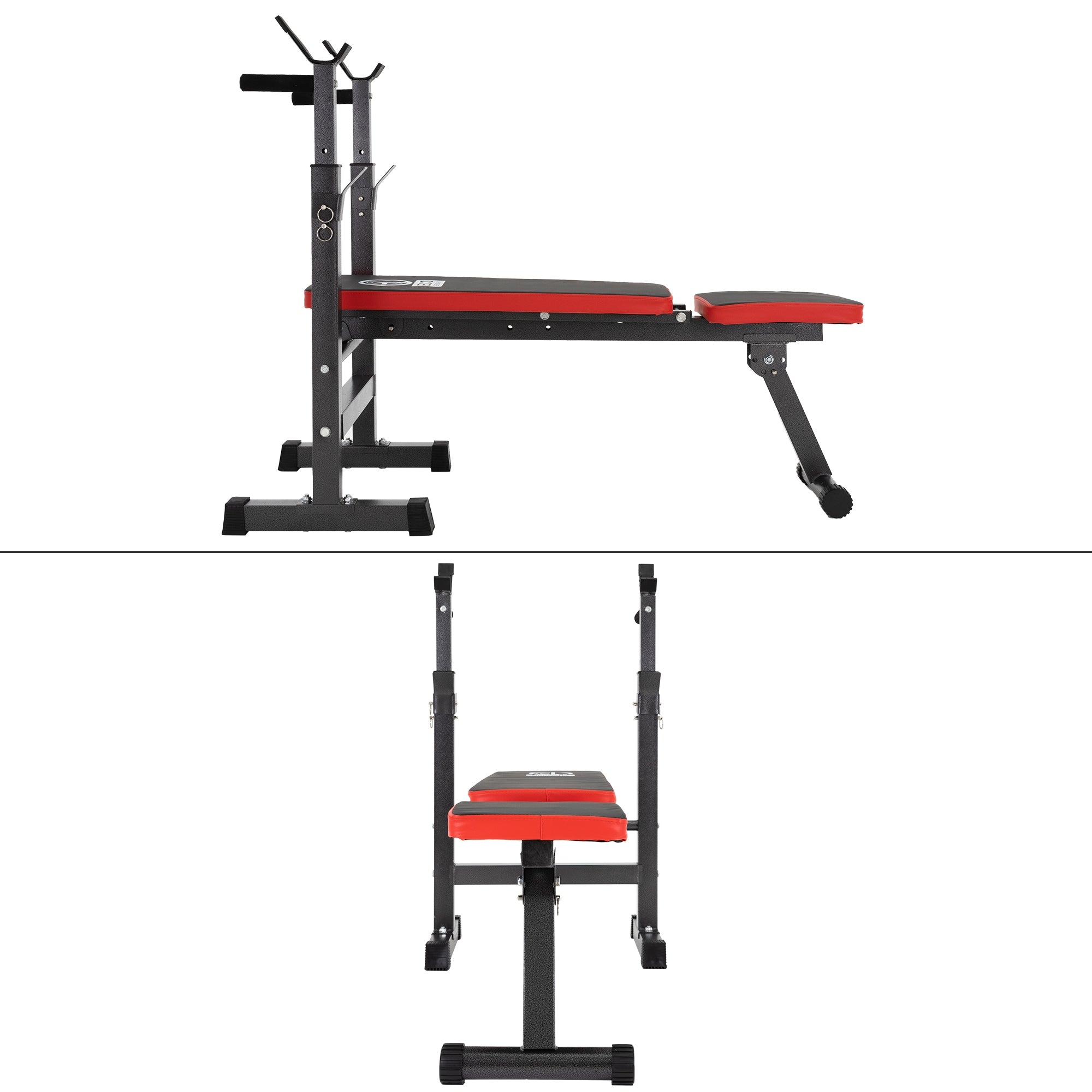 Equipo de fitness negro y rojo con un banco y soportes para pesas.