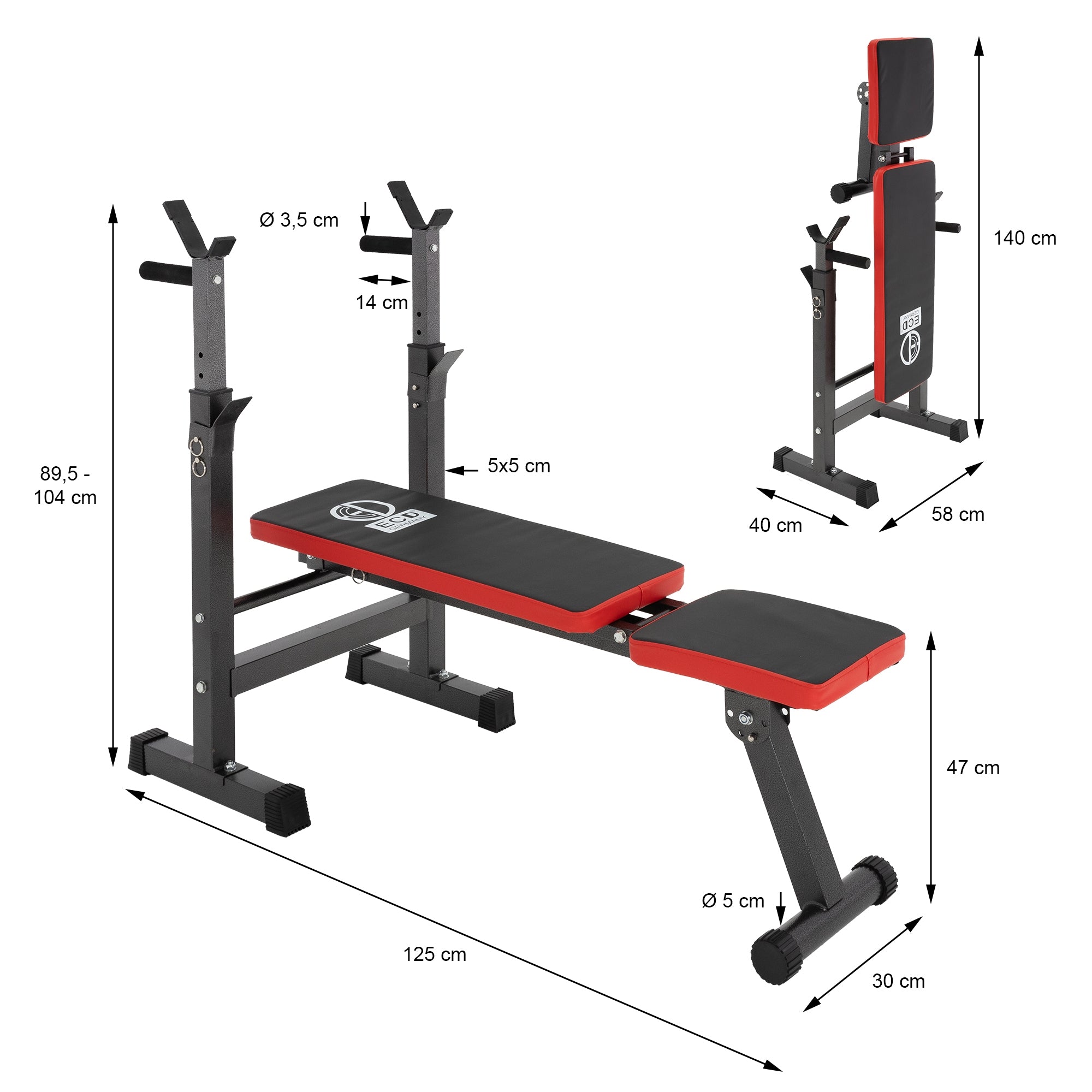Banco de fitness con respaldo ajustable y soportes.