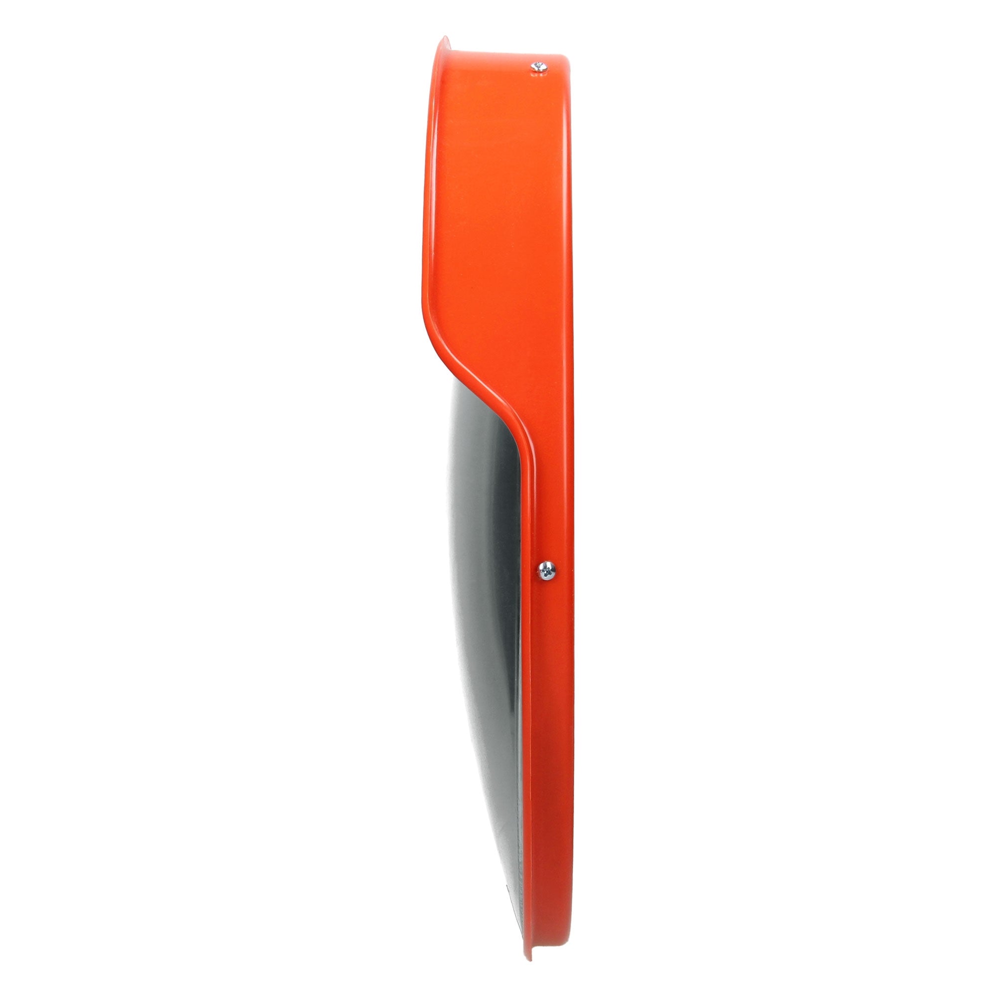 Side view of a red, round object with a black surface.