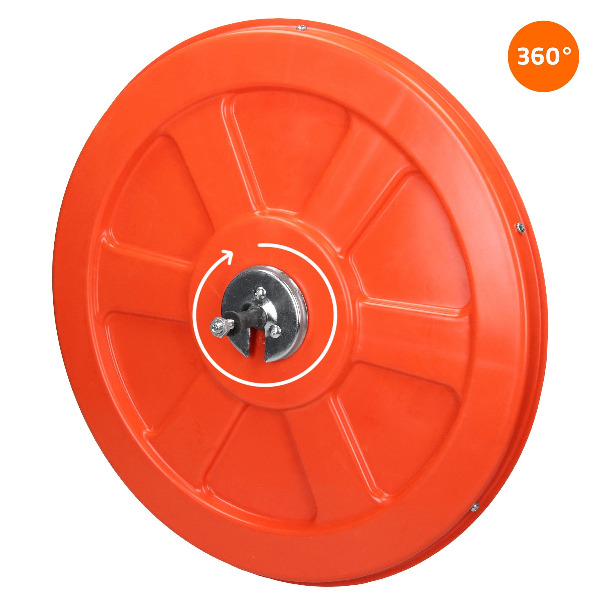 Rund, orange skive med pil, der viser en drejebevegelse.