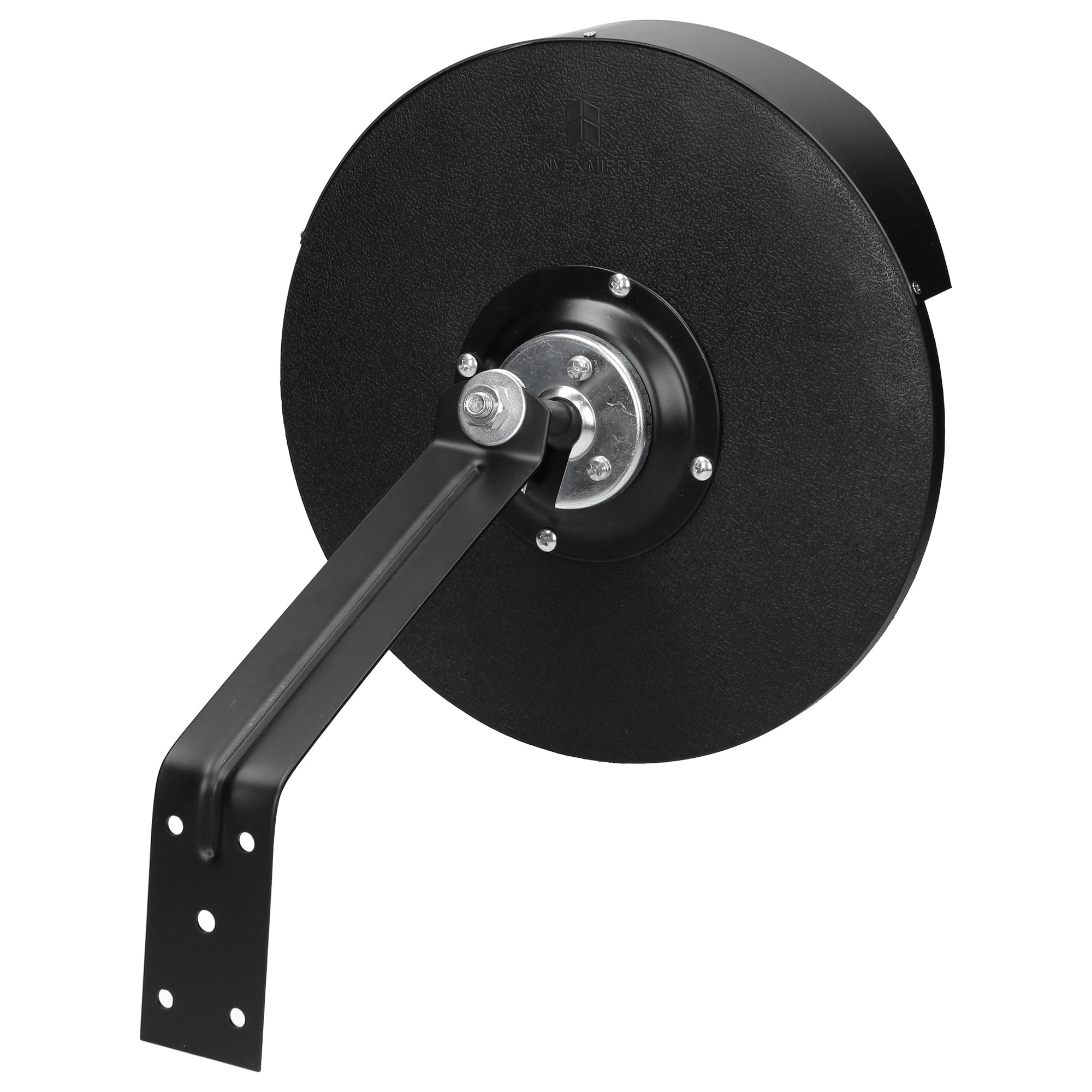 Schwarze Wandhalterung mit runder, schwarzer Scheibe und einem Arm.