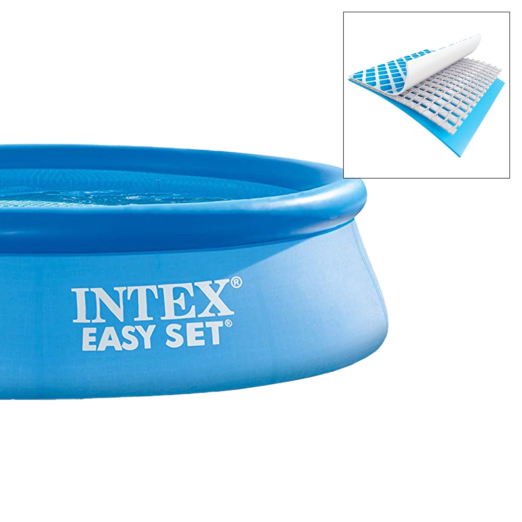 Kulatý, modrý nadzemní bazén s nápisem INTEK EASY SET.