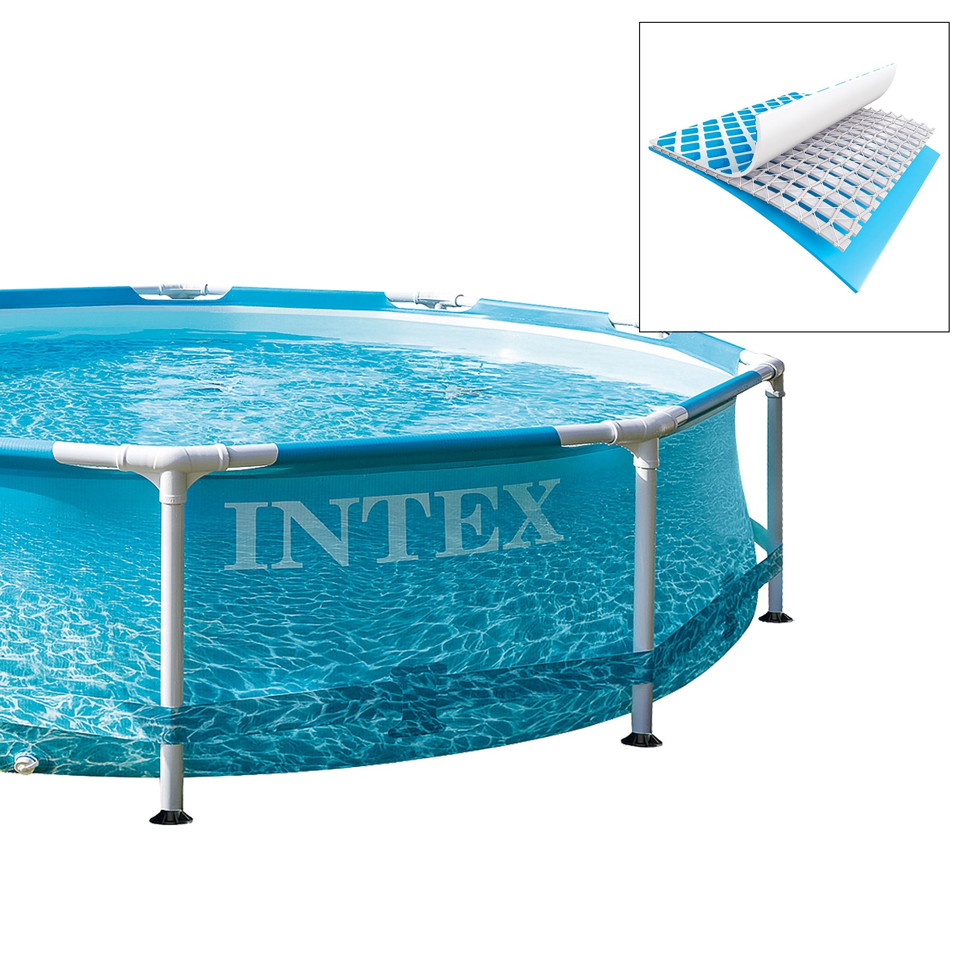 Round pool with safety net and water surface.