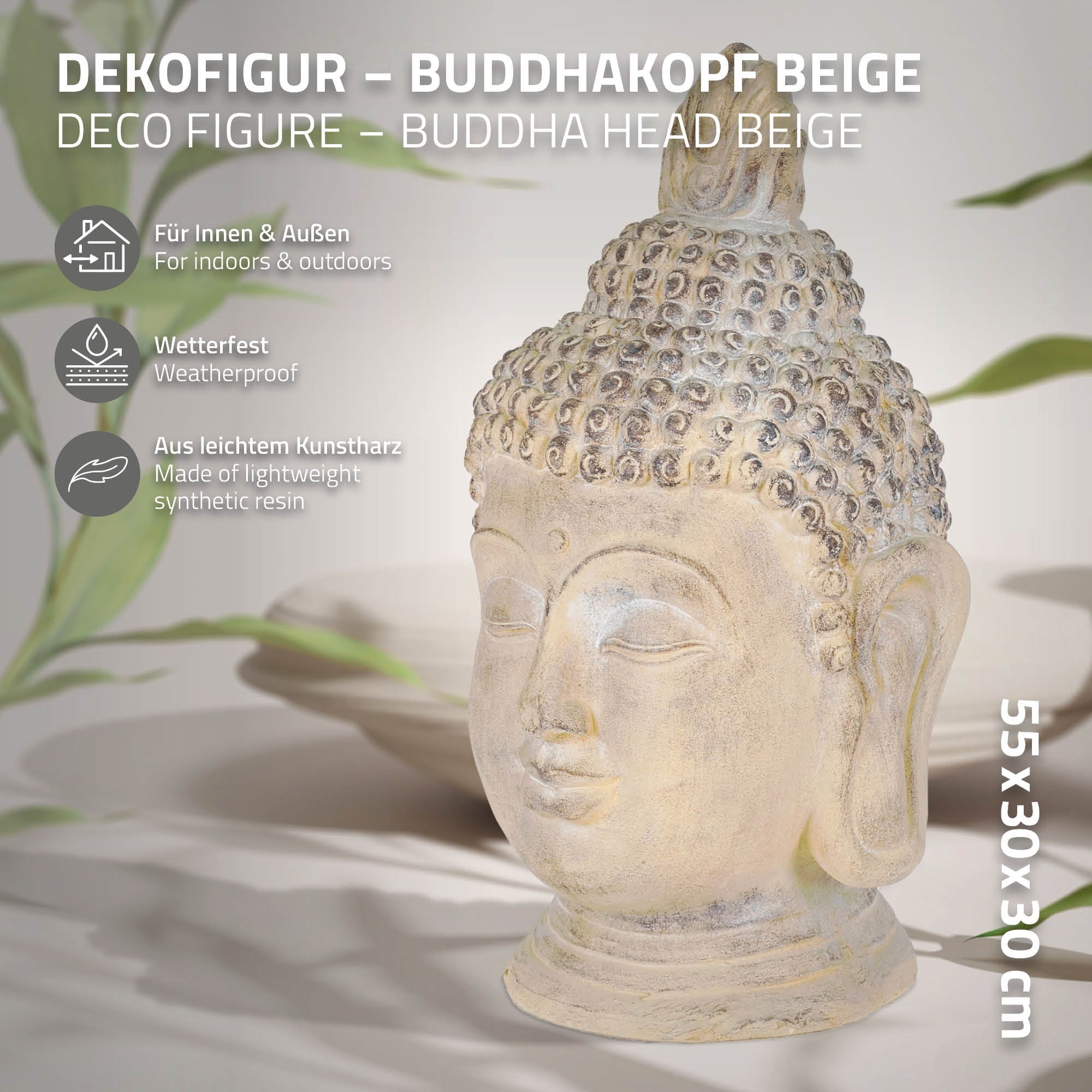 Cabeza de Buda beige, con información del producto y medidas.