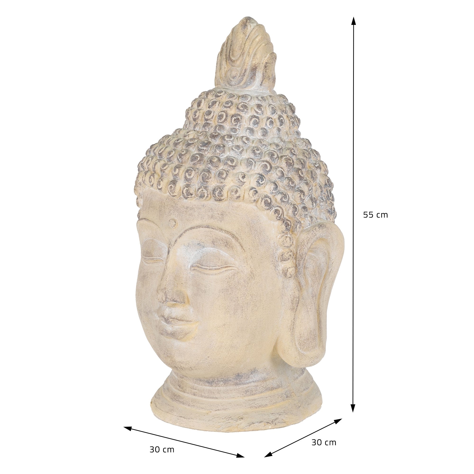 Una cabeza de Buda con medidas sobre un fondo blanco.