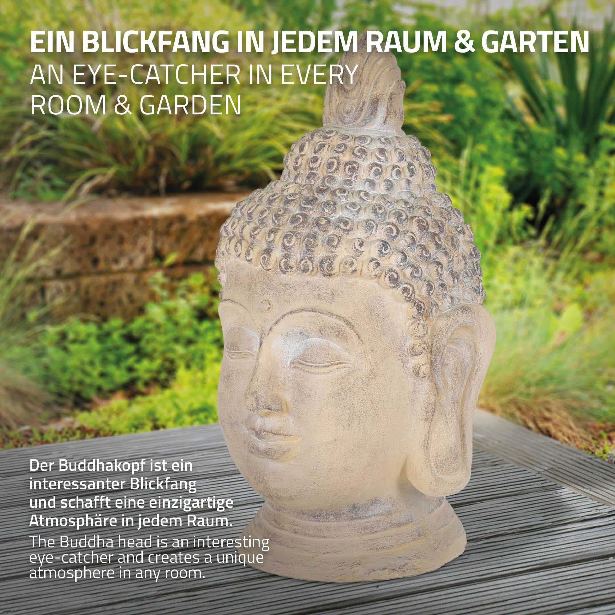 Buddha-Kopf aus Stein, dekorativ, mit Beschreibungstext.