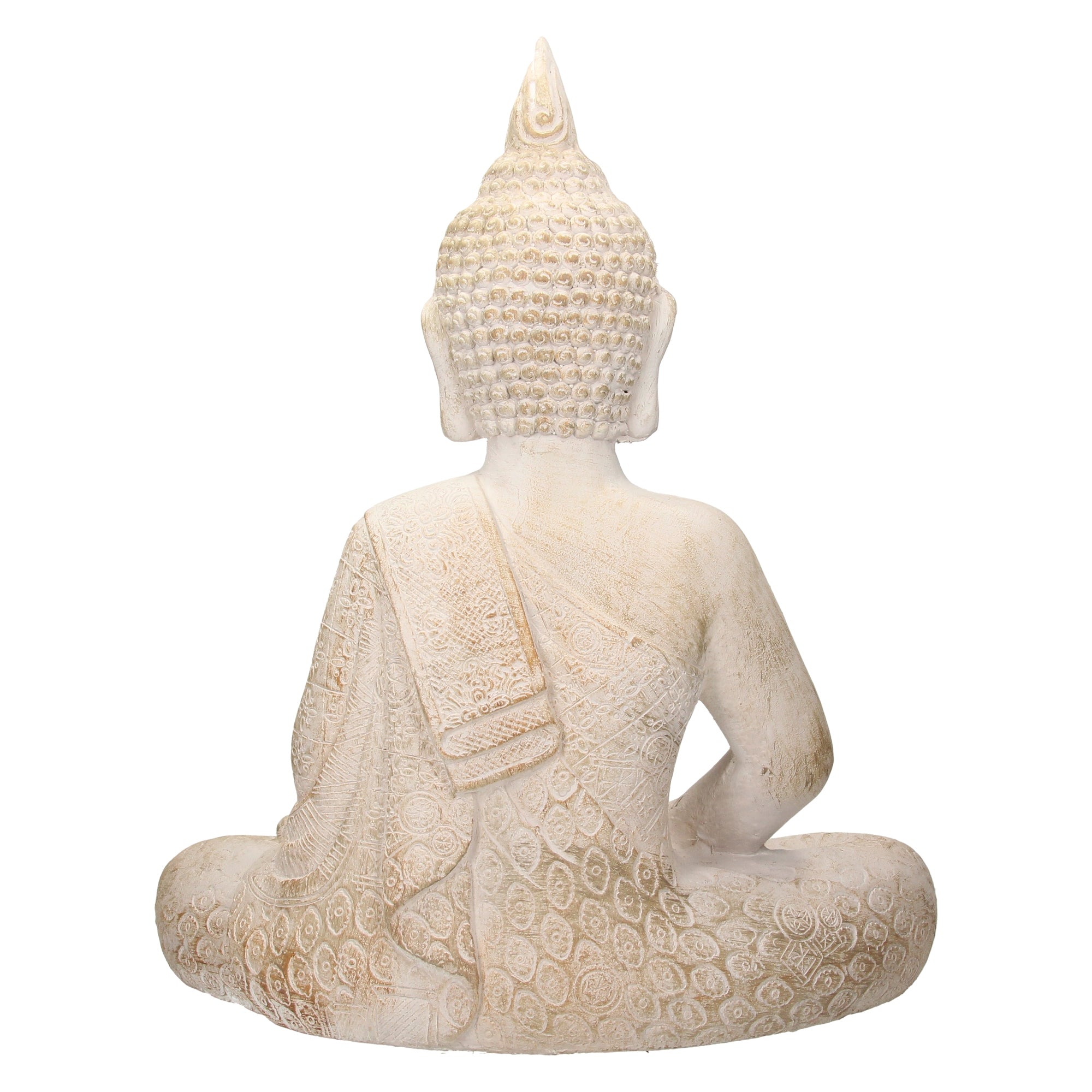 Rückansicht einer Buddha-Statue aus hellem Material, sitzend, mit detaillierter Rückenstruktur.