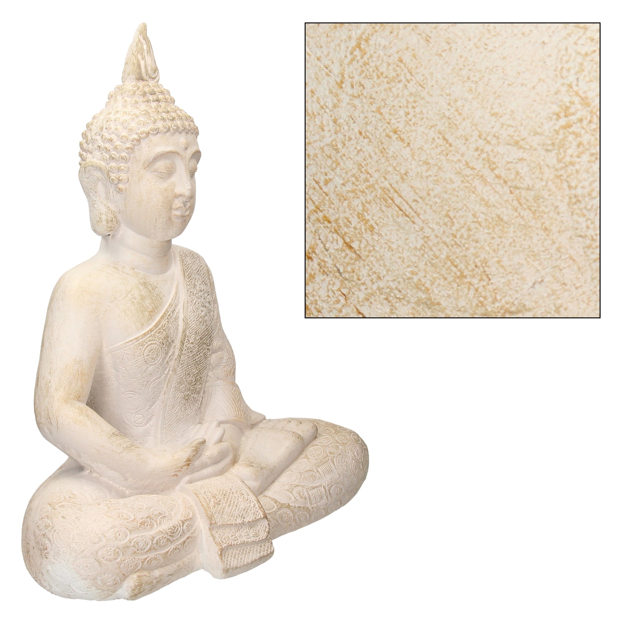 Buddha-Figur aus weißem Kunstharz mit Texturansicht.